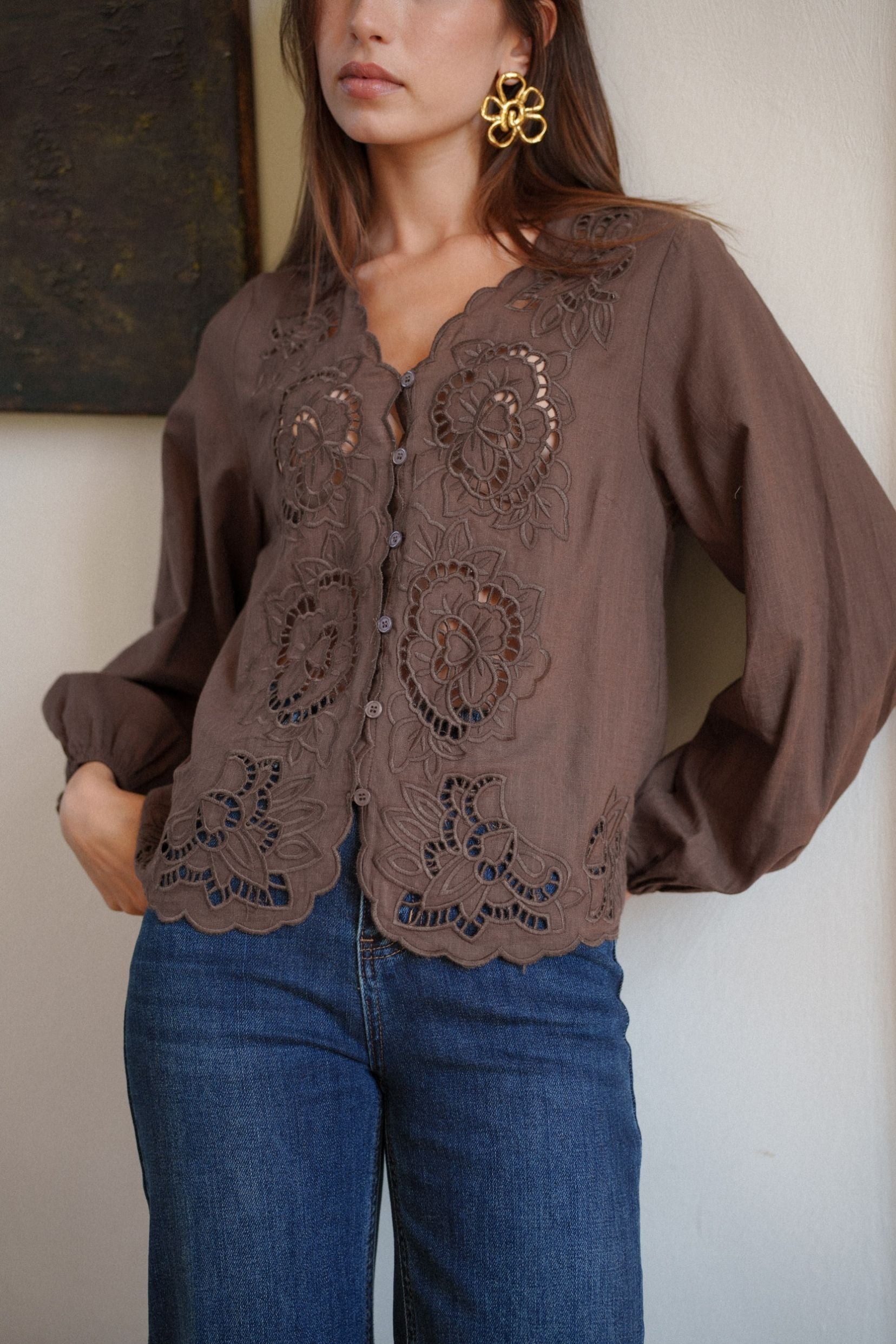 Maison Onado Anna chemise chocolat brodée manches longues