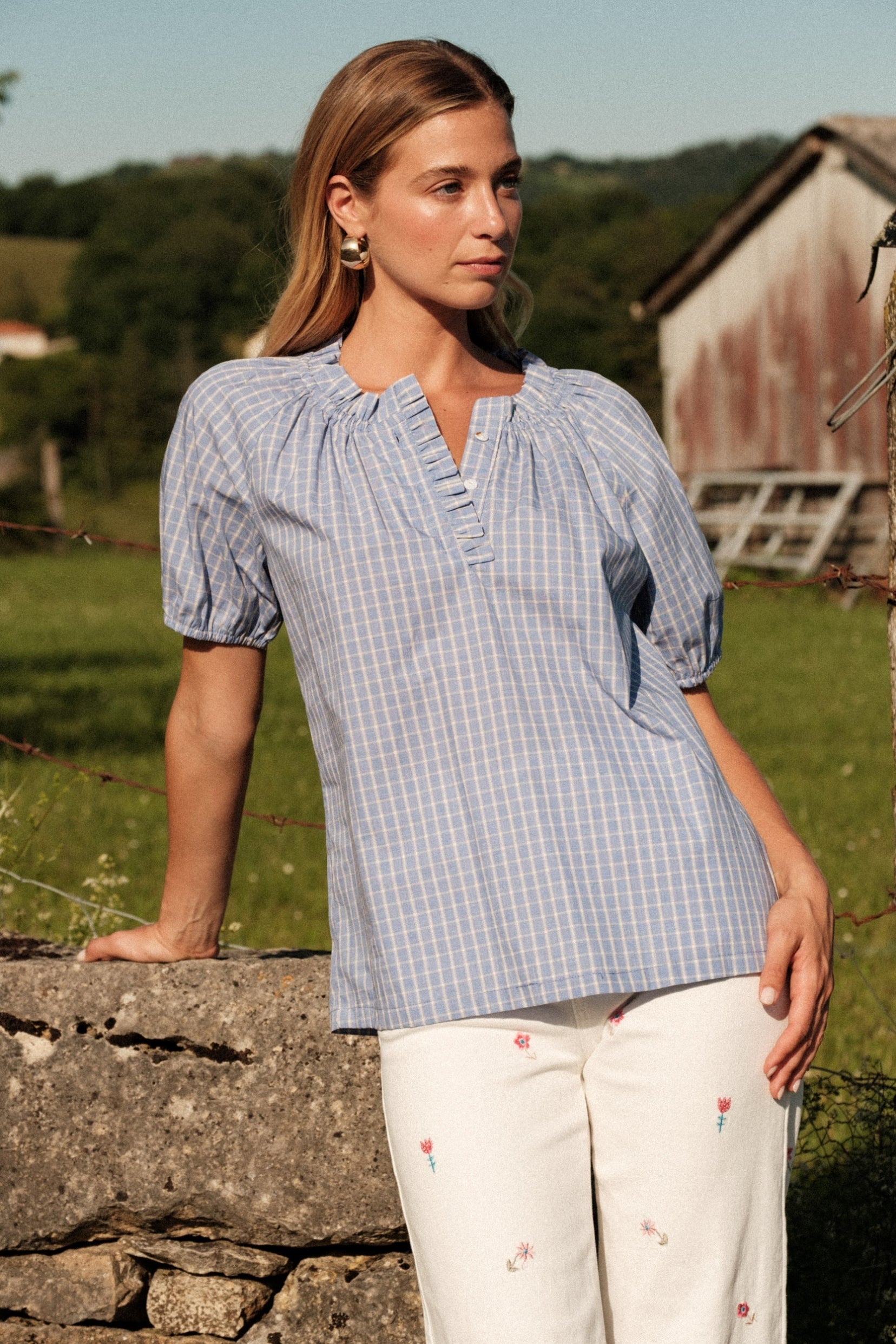 Maison Onado Carline top vichy bleu ciel coton