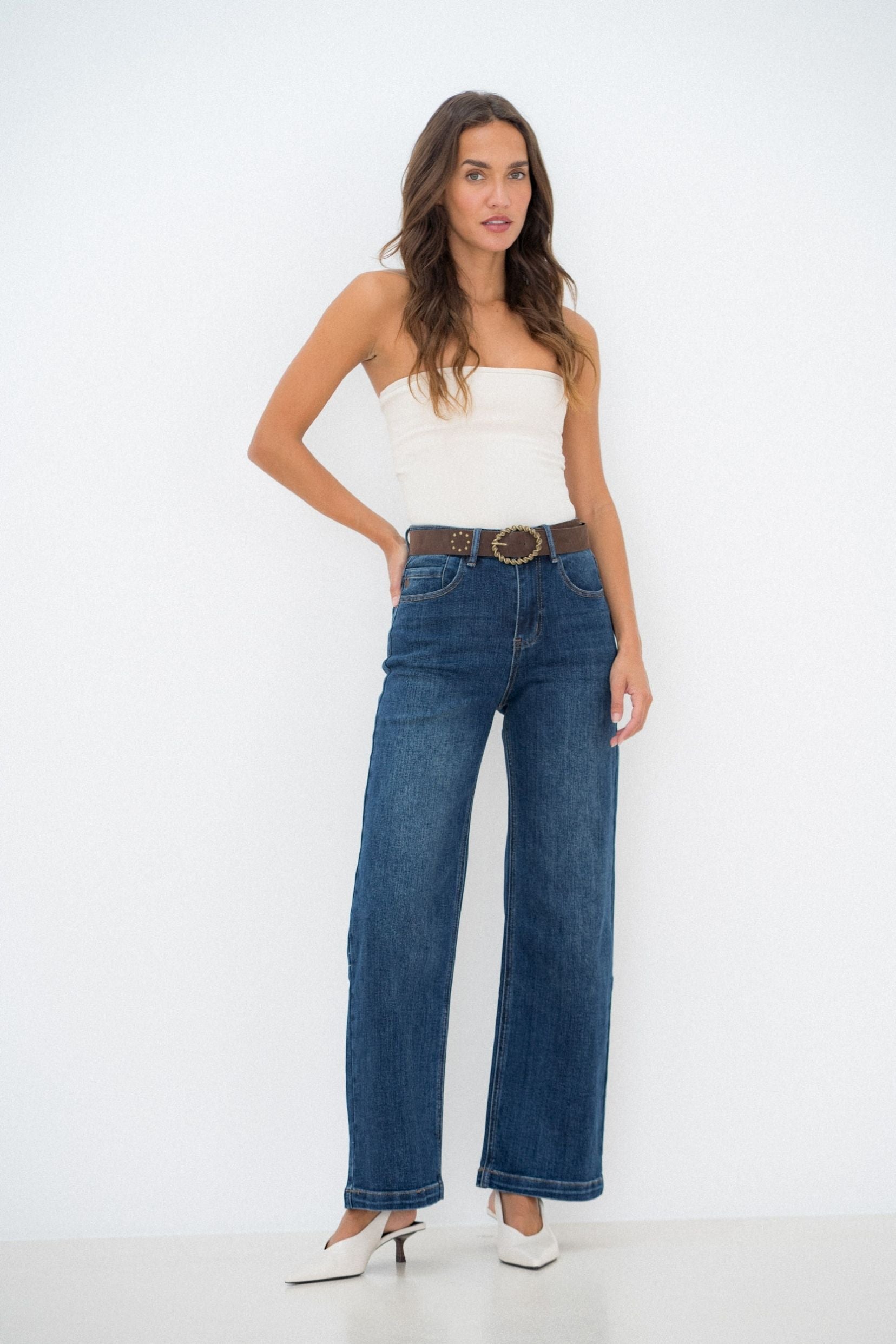 Maison Onado Pauline jean wide bleu délavé à ceinture