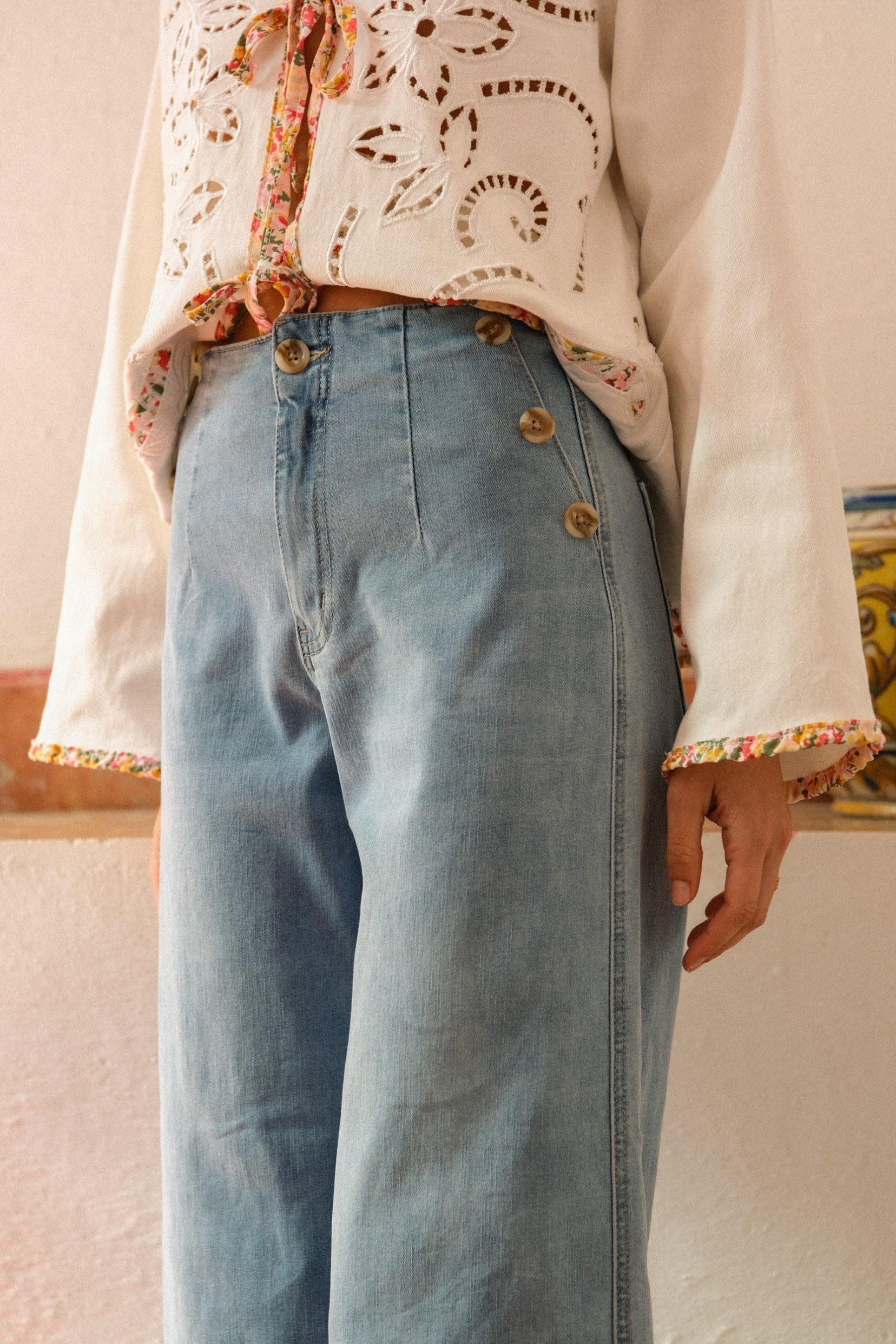 Maison Onado Mia jean wide 7/8 délavé clair coton