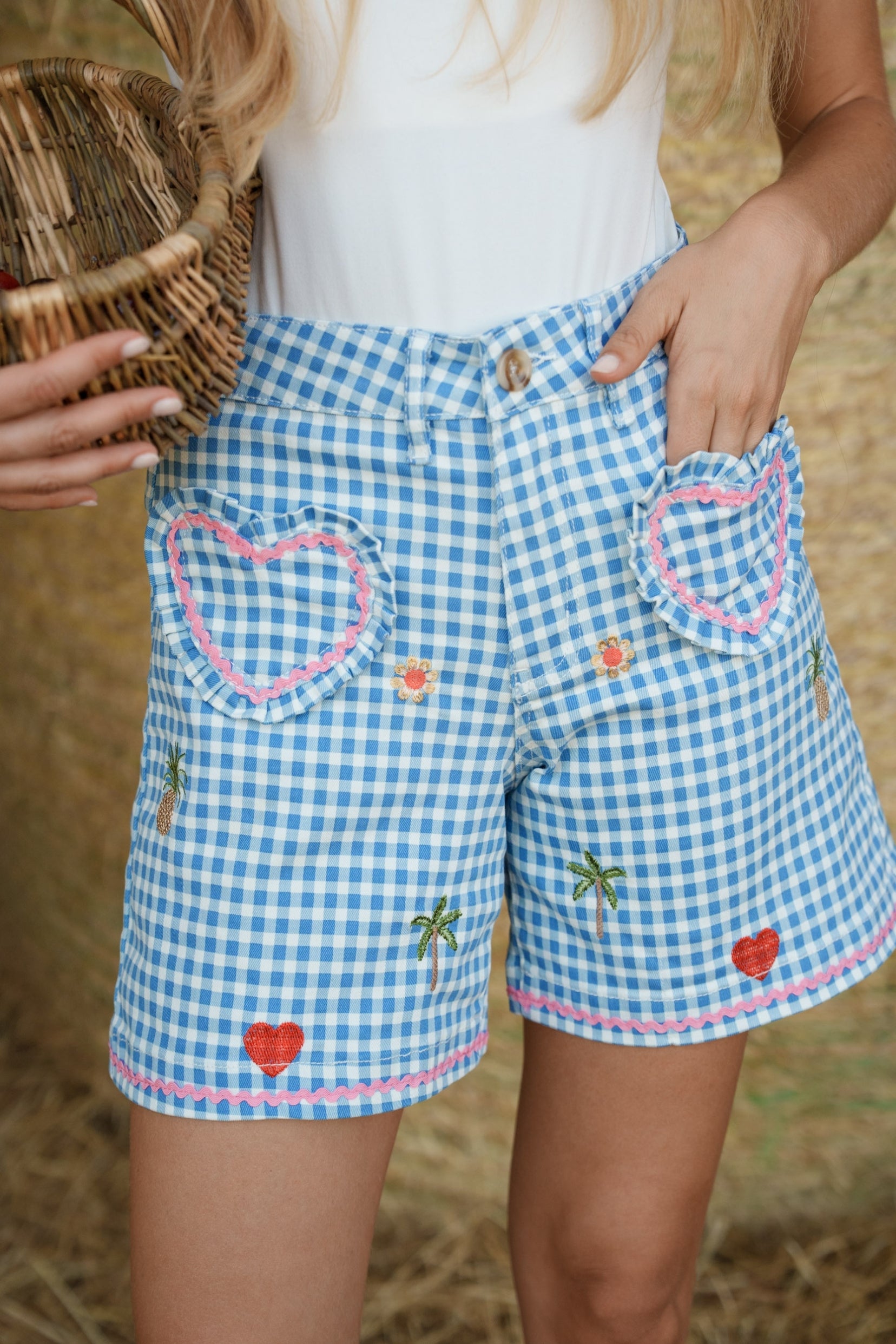 Maison Onado Popine short bleu vichy brodé