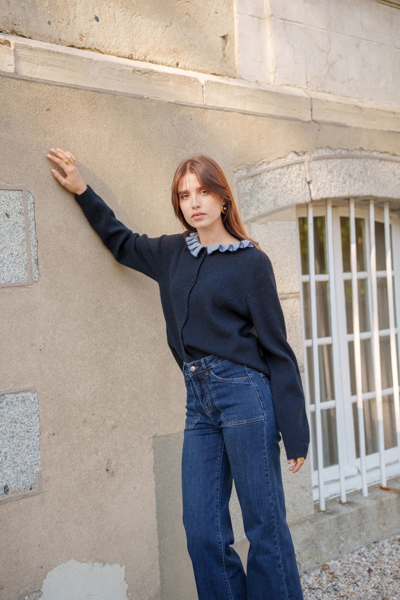 Maison Onado Justine jean wide bleu denim broderie fleur