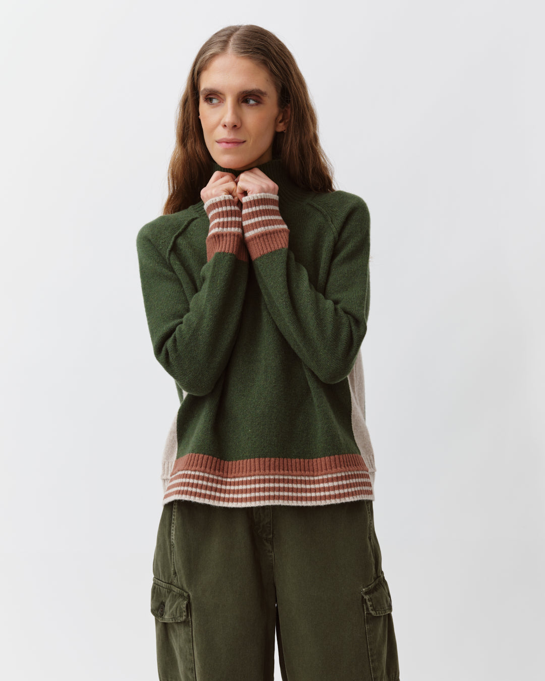 DIEGA PALIAMO pull kaki écru camel maille hiver