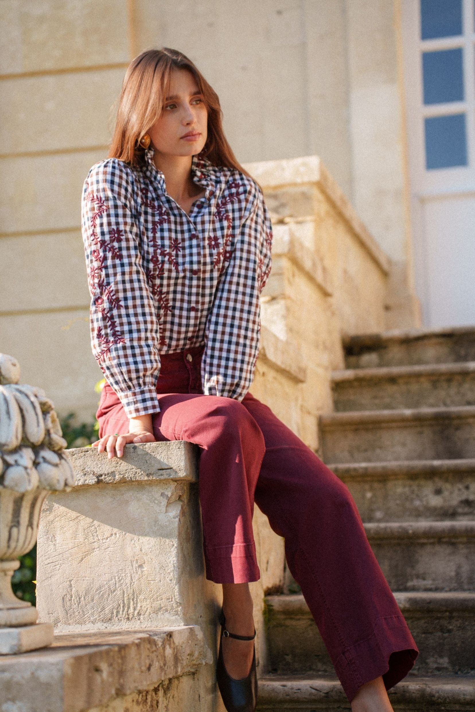 Maison Onado Irène chemise vichy broderie bordeaux