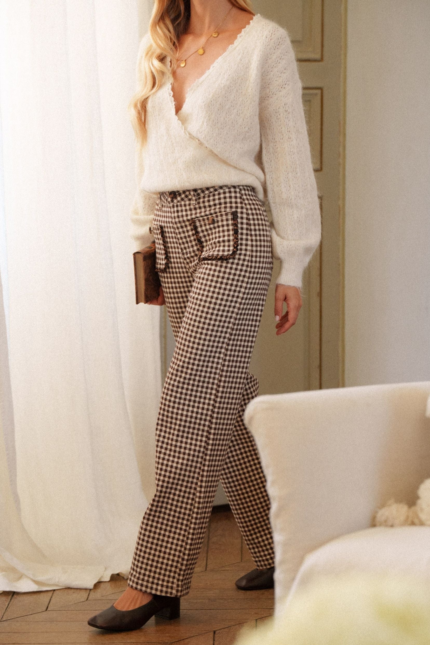 Maison Onado Many pantalon wide leg vichy chocolat