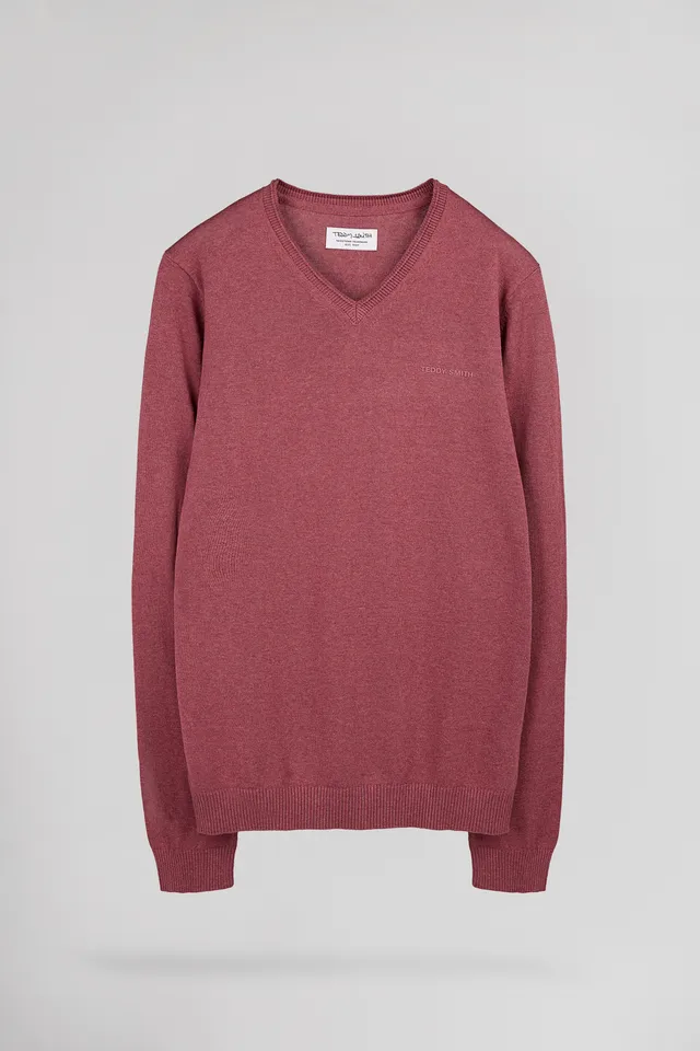 Teddy Smith Pulser 4 pull col V framboise chiné coton