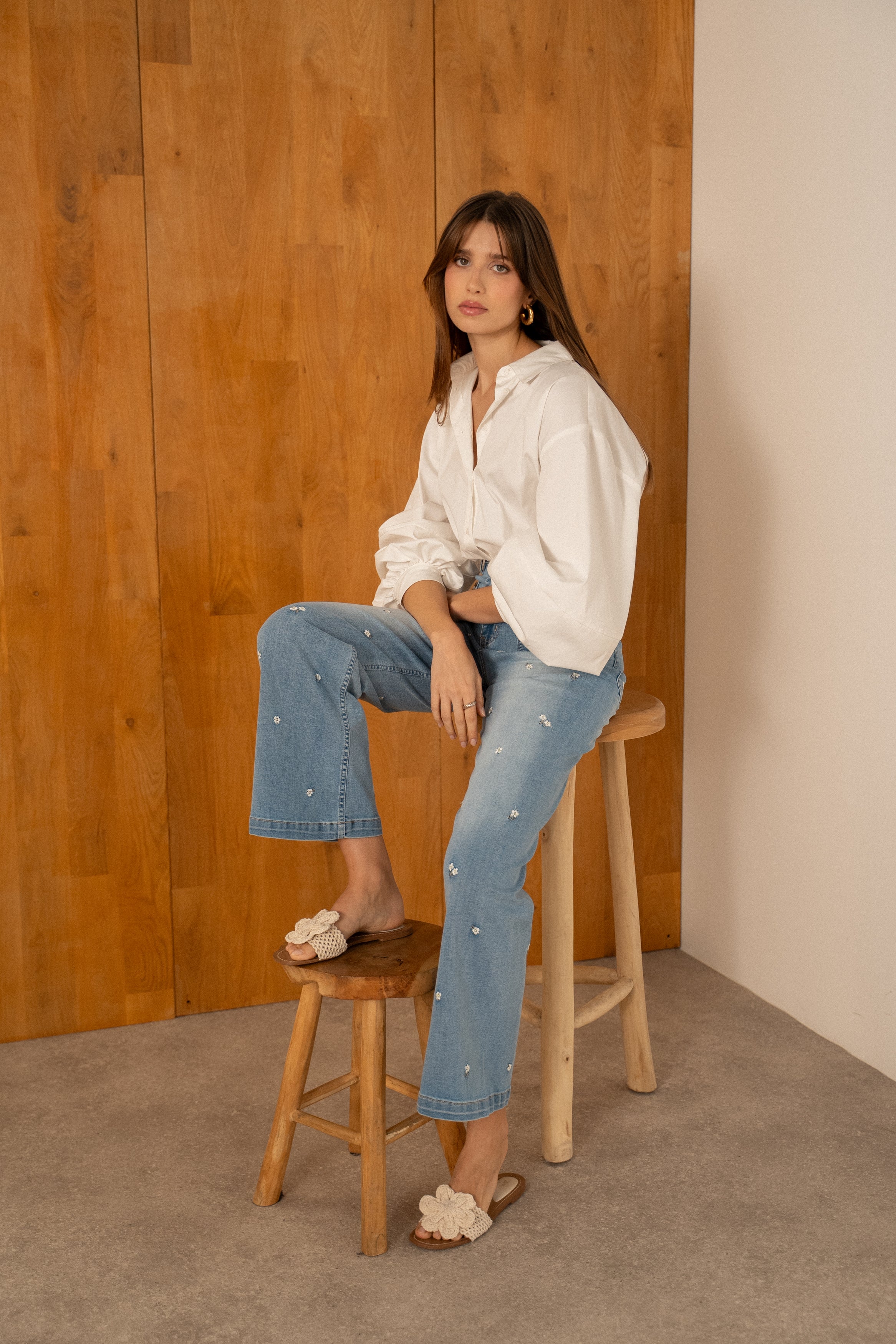 Maison Onado Juan jean wide leg bleu clair brodé