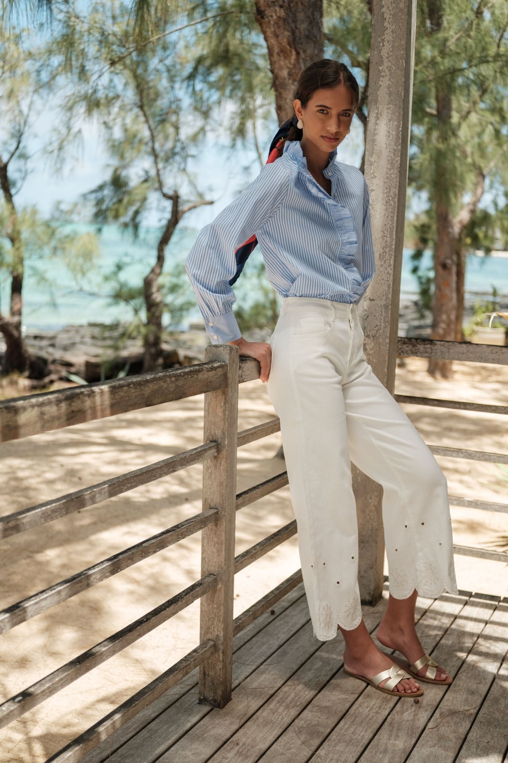 Maison Onado Aure jean wide écru broderie soleil coton