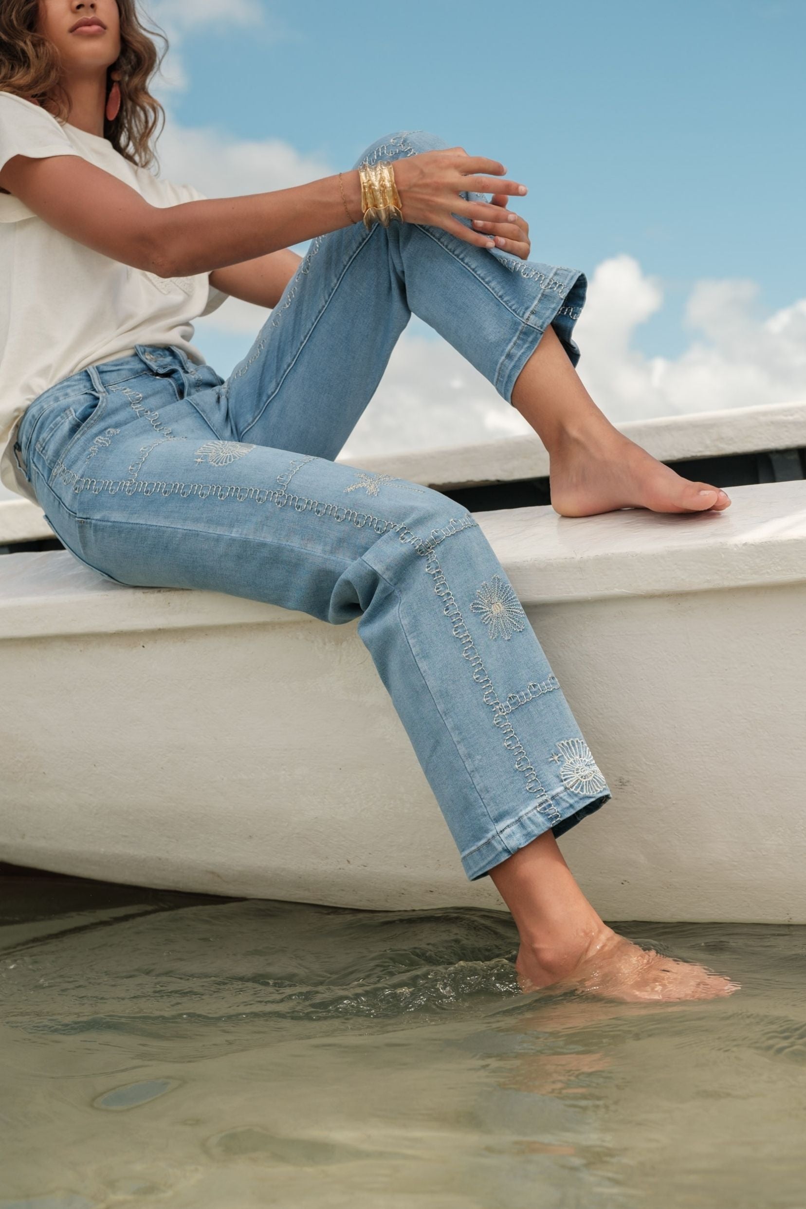 Maison Onado Soléa jean wide bleu délavé brodé