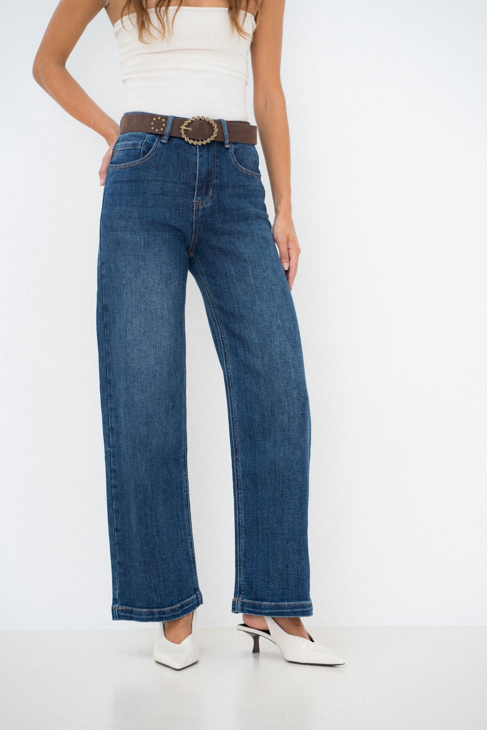 Maison Onado Pauline jean wide bleu délavé à ceinture