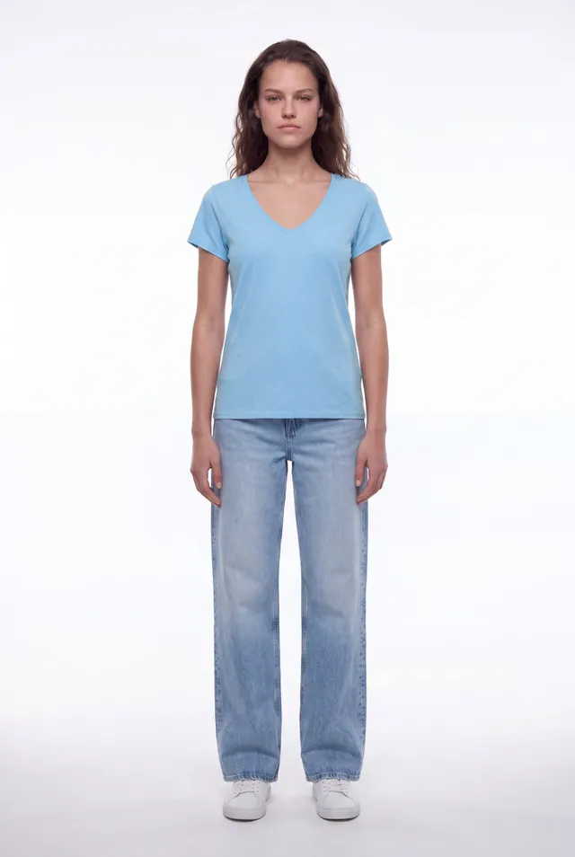 Teddy Smith T-Mia T-Shirt Bleu Ciel Col V Femme Fluide