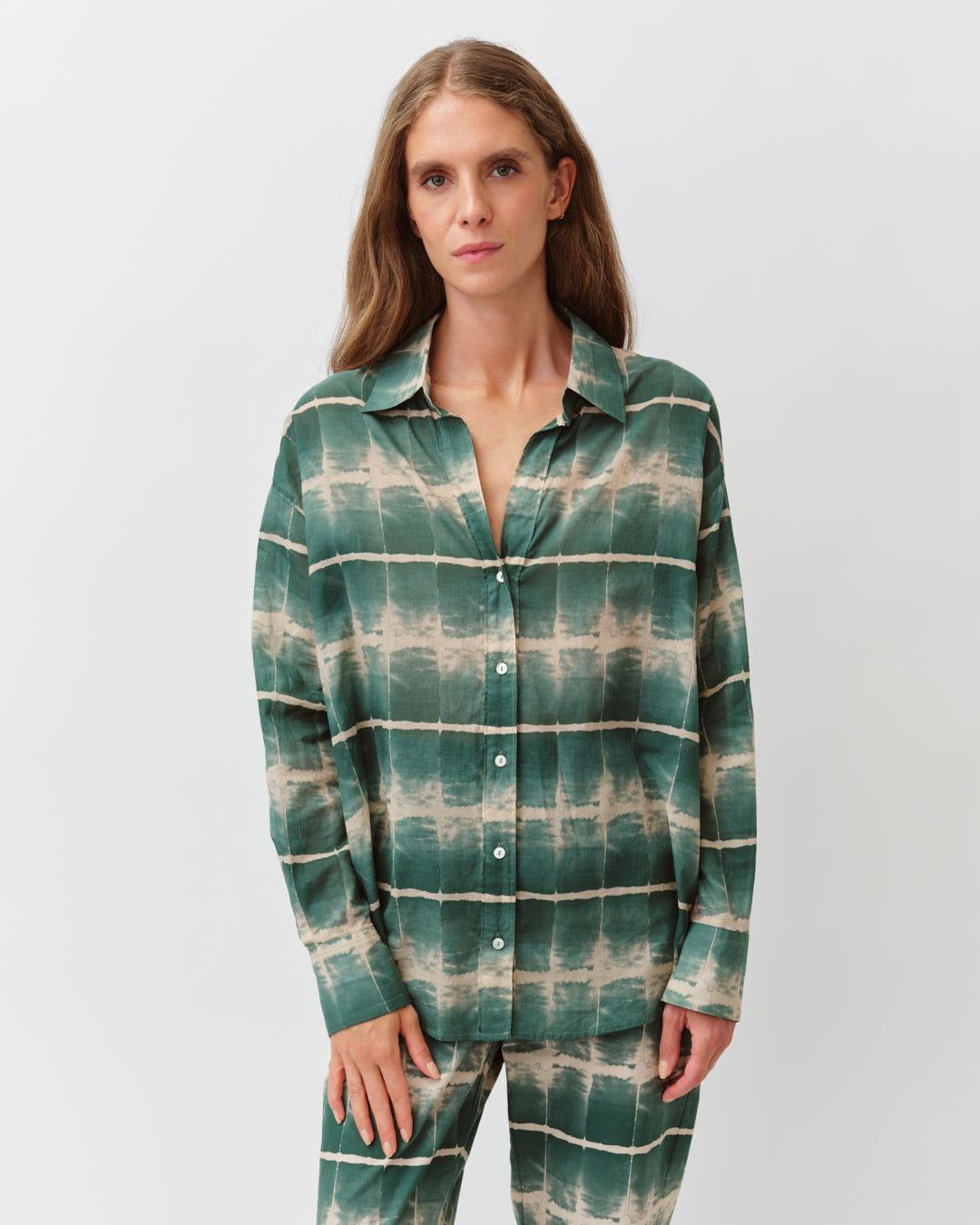 DIEGA Cirilla chemise fluide aqua écru coupe droite