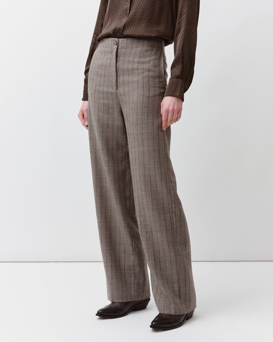 DIEGA PIZOLOTO pantalon gris chocolat rayé laine