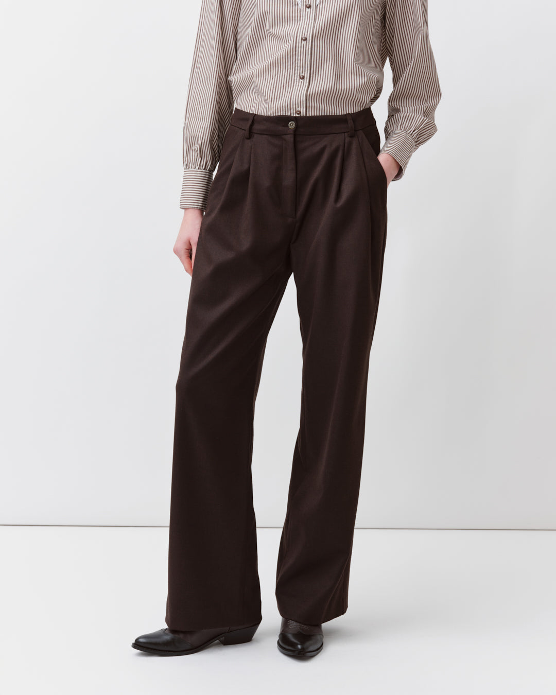 DIEGA PAVANAO pantalon large chocolat taille haute