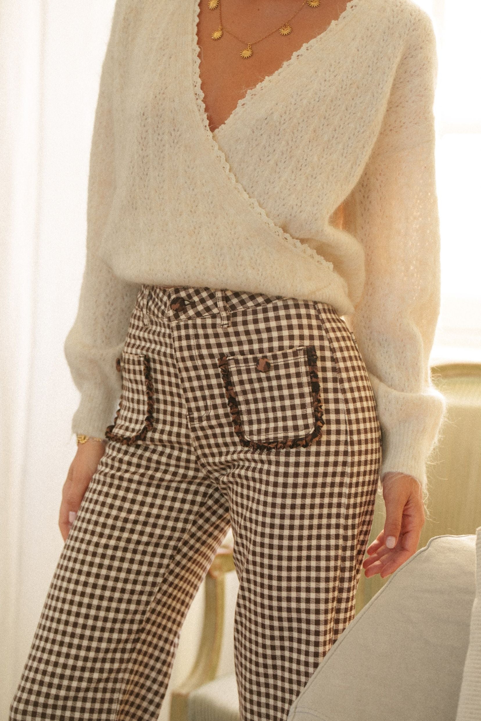 Maison Onado Many pantalon wide leg vichy chocolat