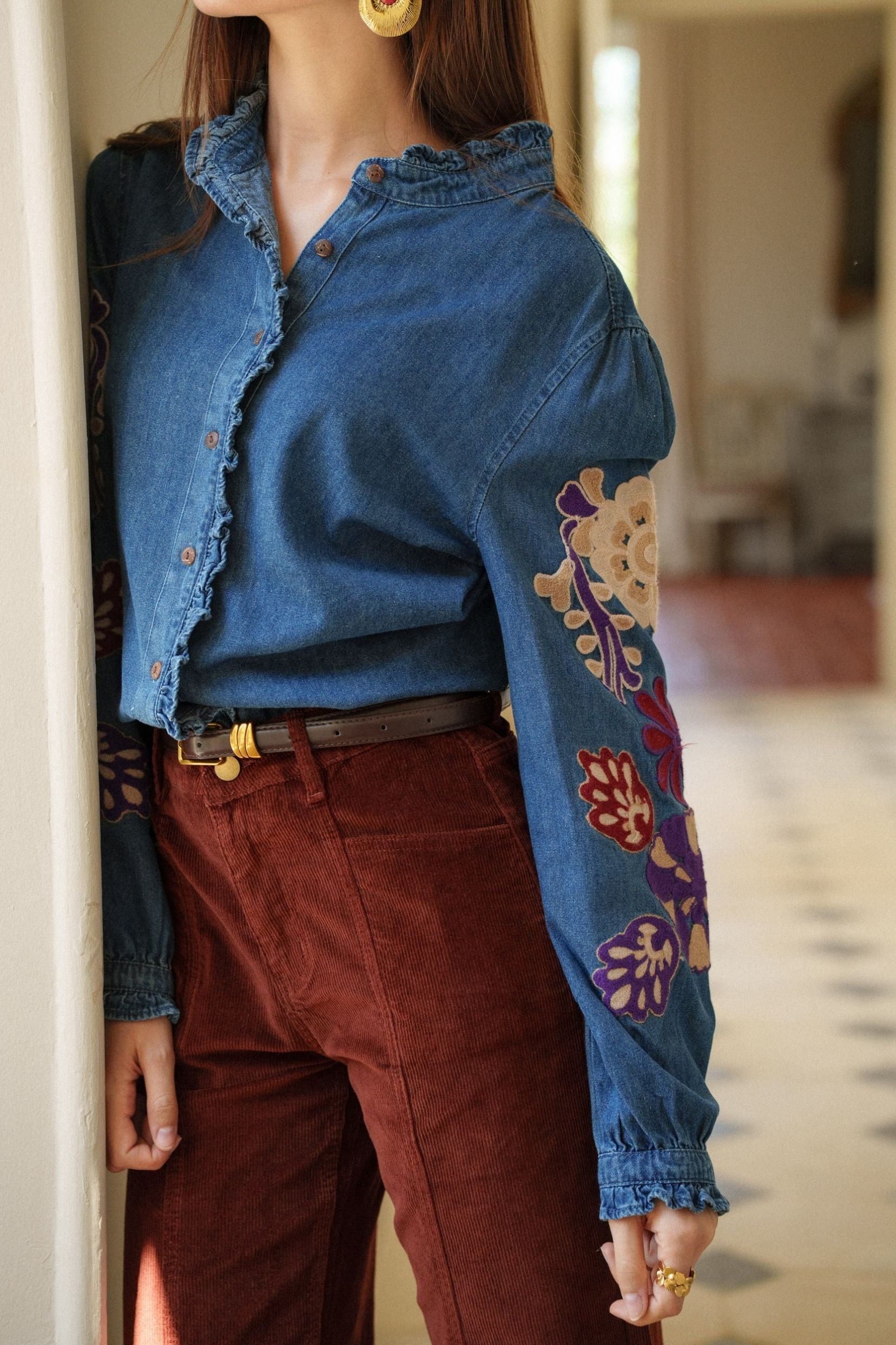 Maison Onado Léonie chemise denim broderie florale