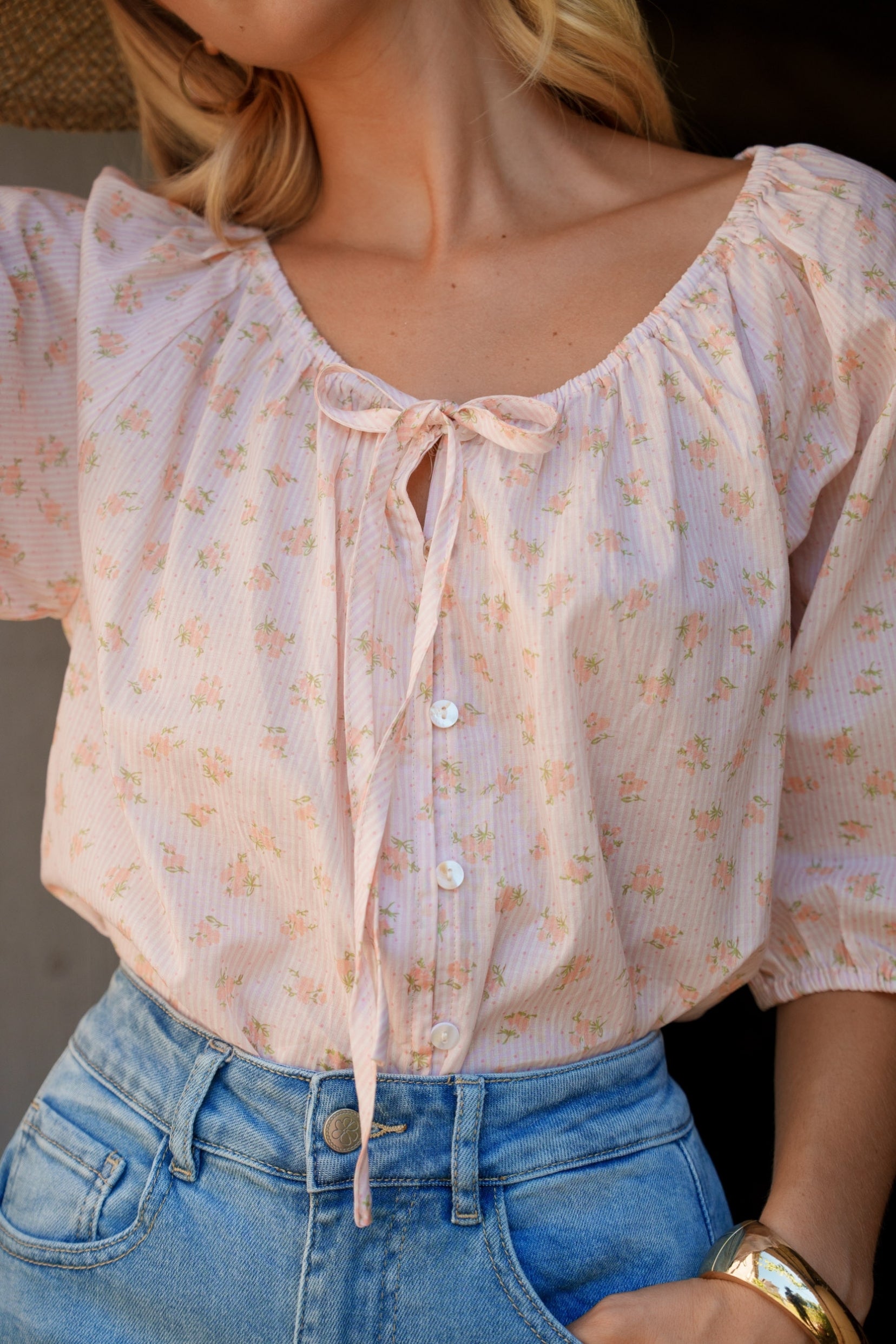 Maison Onado Gabriel blouse rose floral coton manches ballon