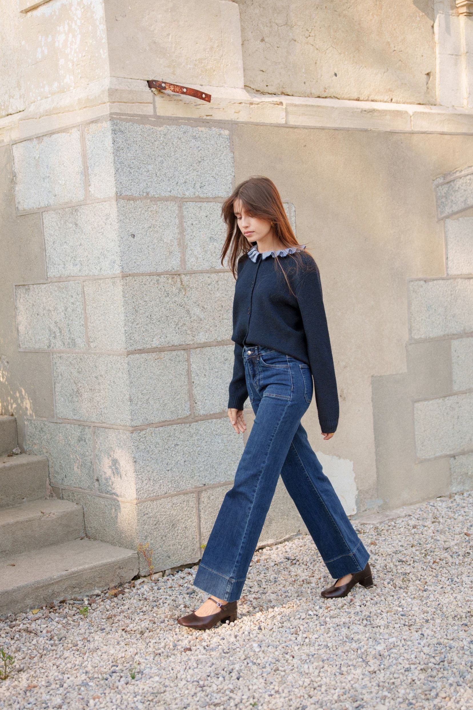 Maison Onado Justine jean wide bleu denim broderie fleur