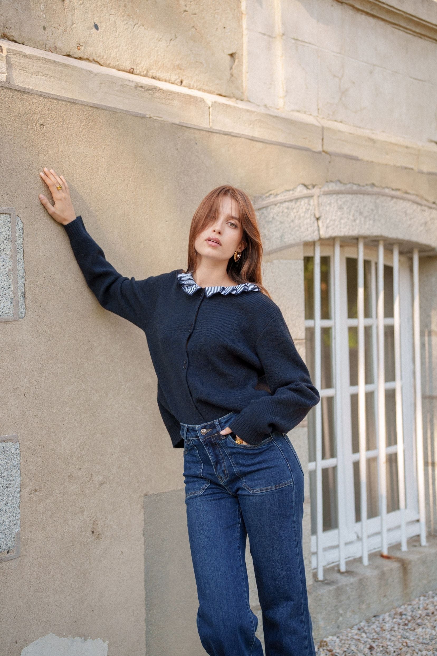 Maison Onado Amalya pull cardigan marine maille douce