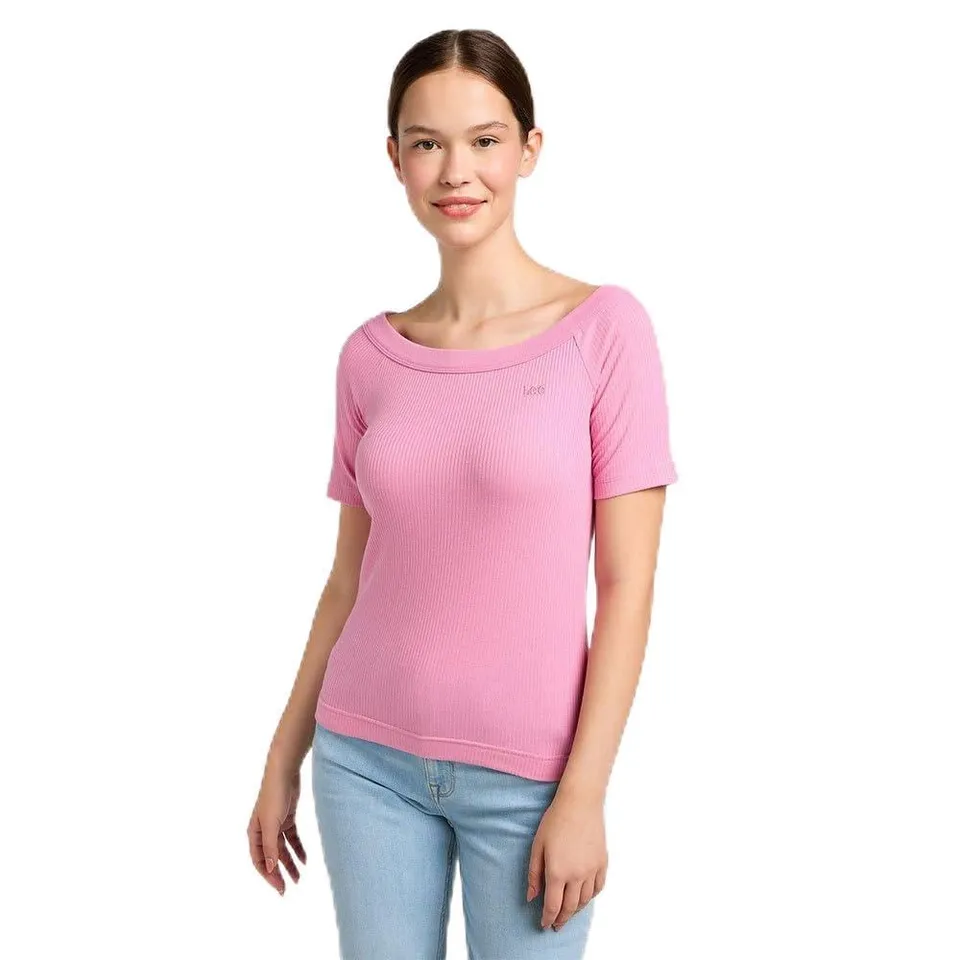 Lee Off Shoulder tee-shirt côtelé écru col bateau