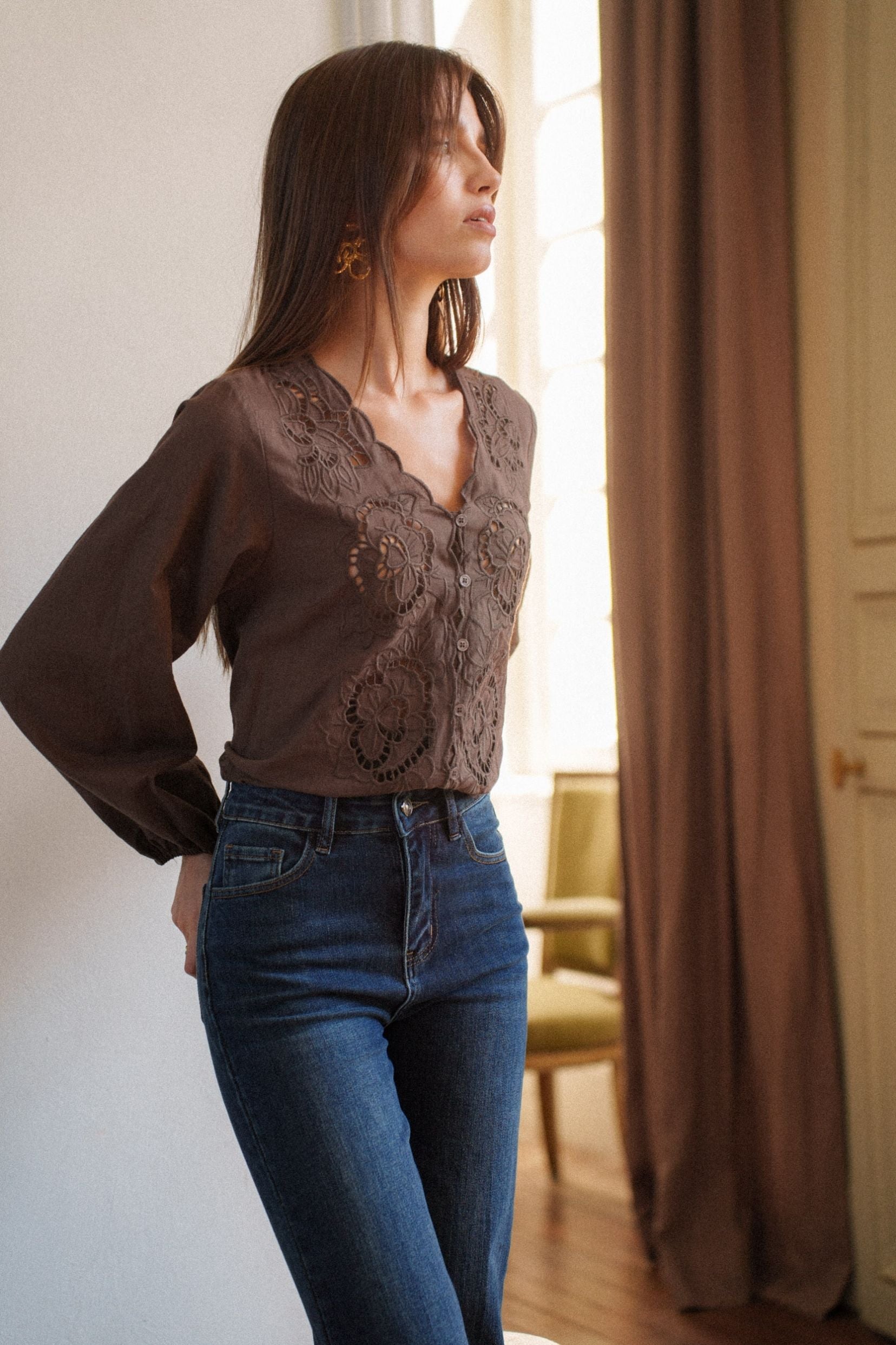 Maison Onado Anna chemise chocolat brodée manches longues