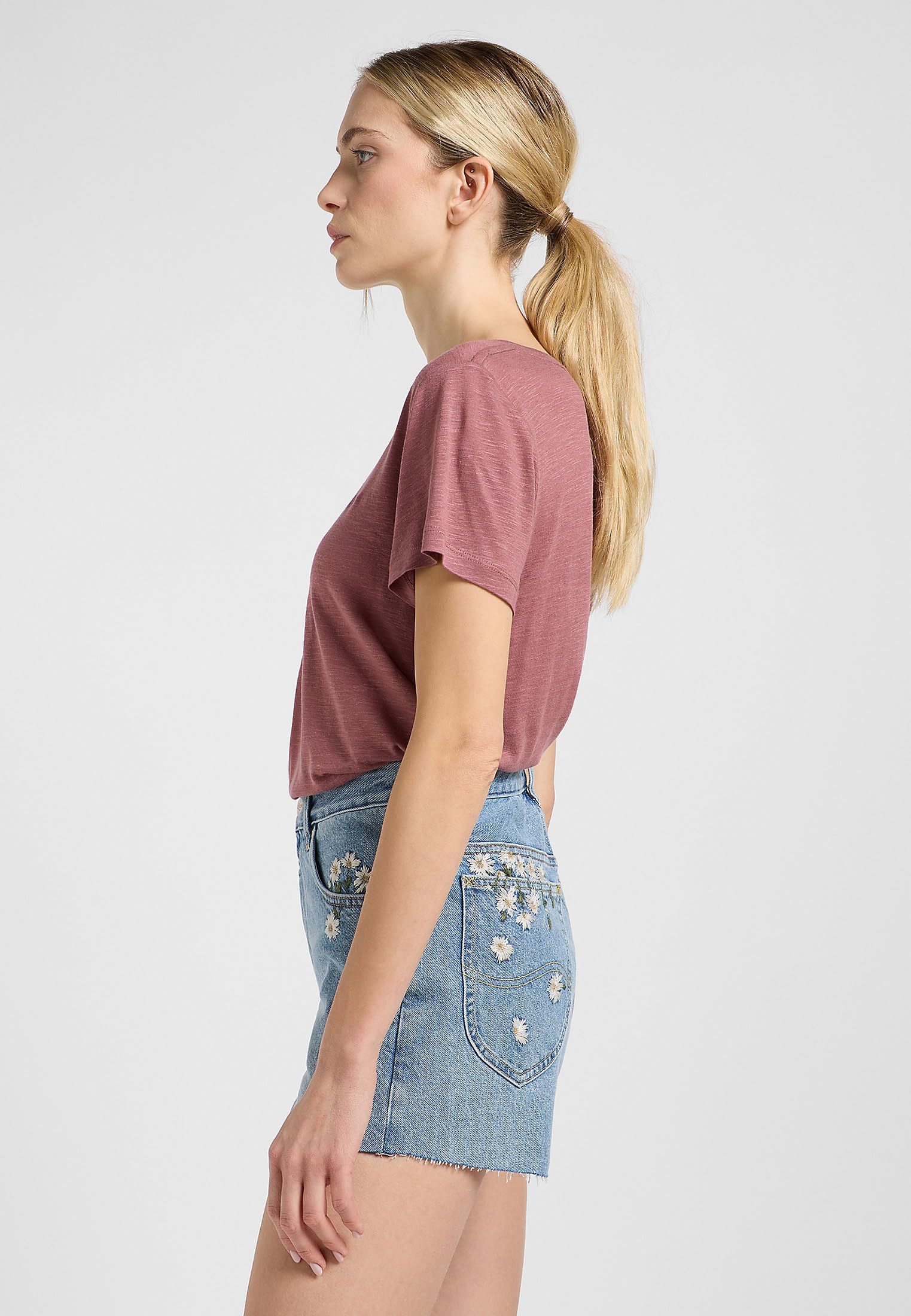 Lee V Neck Tee T-Shirt Femme Gris Béton Lin