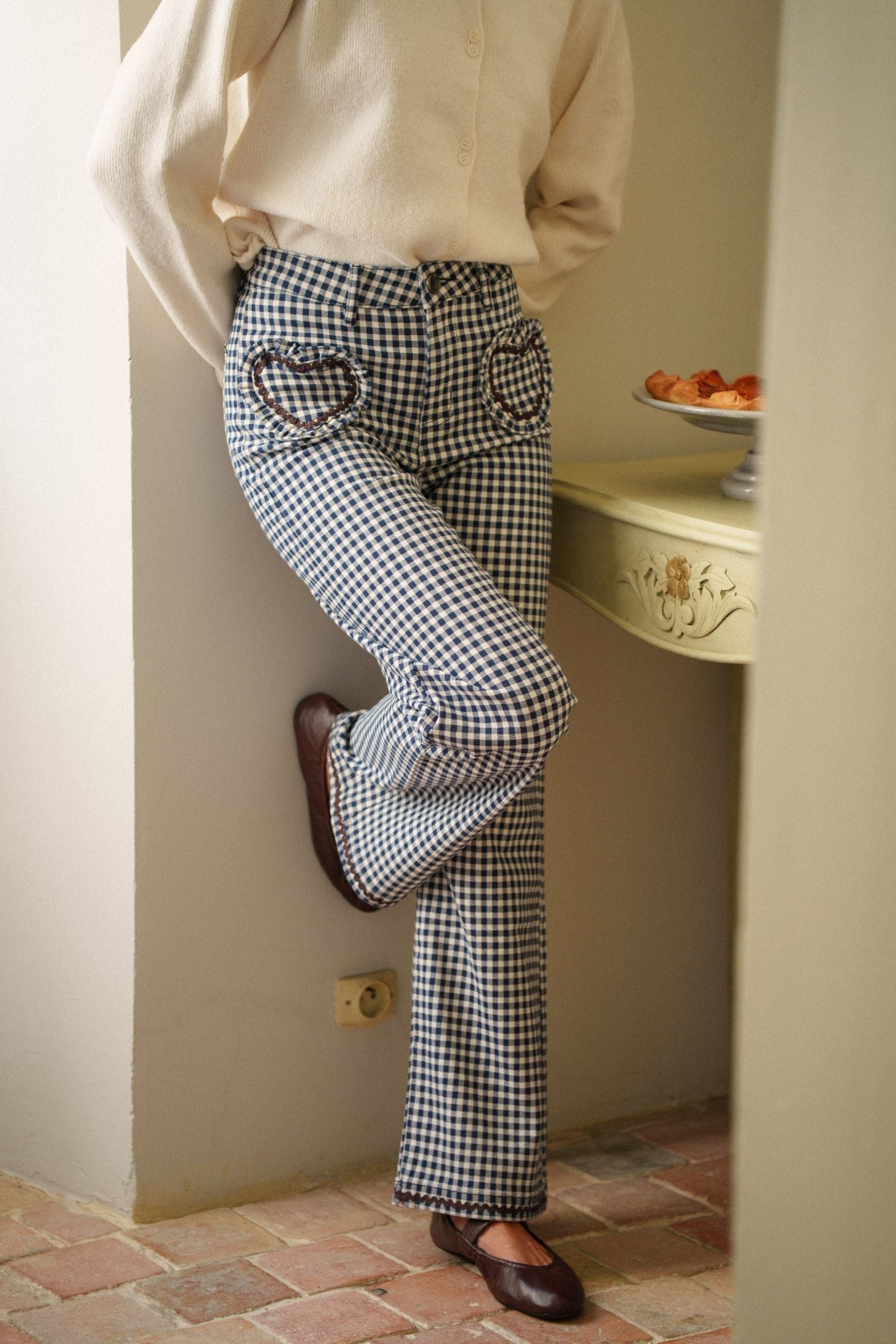 Maison Onado Andrea pantalon wide bleu marine vichy