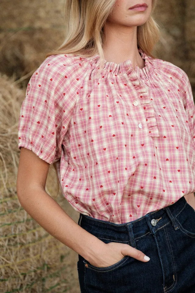 Maison Onado June blouse vichy rose coton cœurs