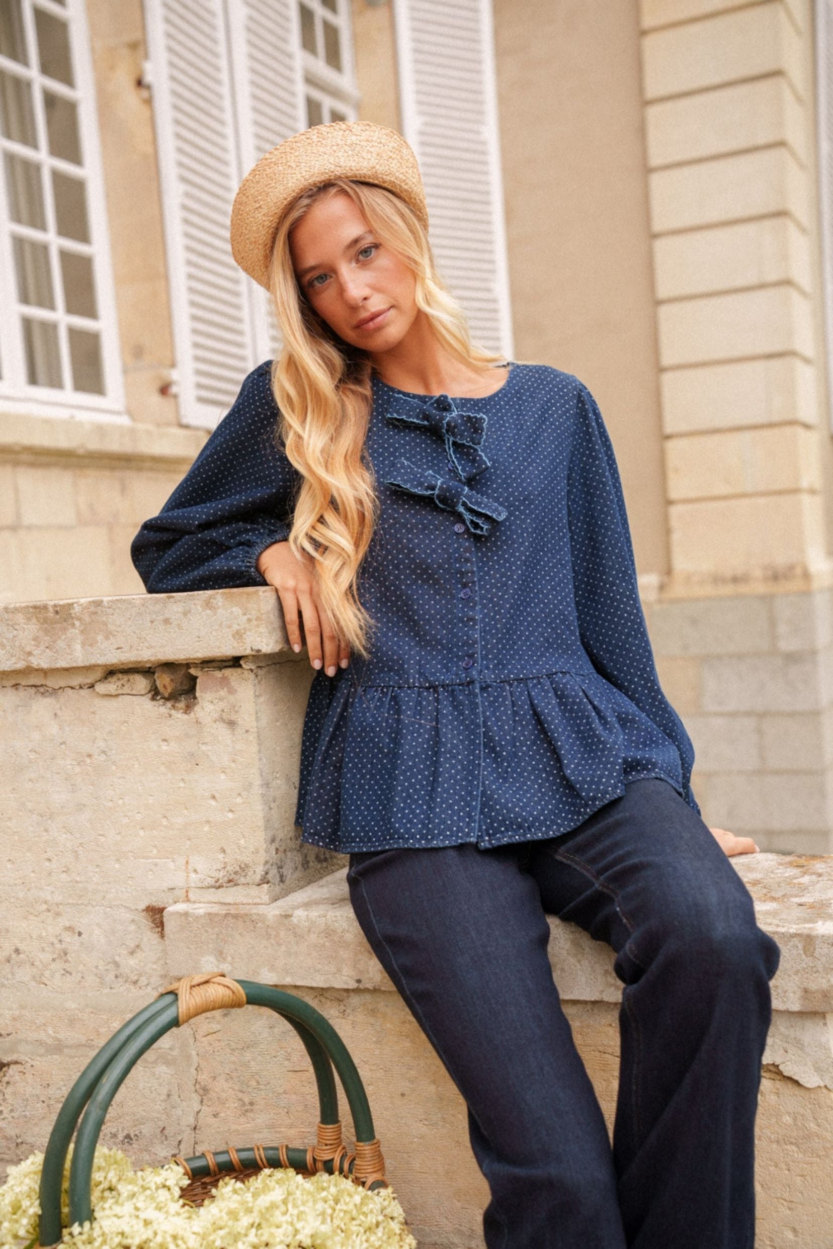 Maison Onado Jesse blouse denim pois