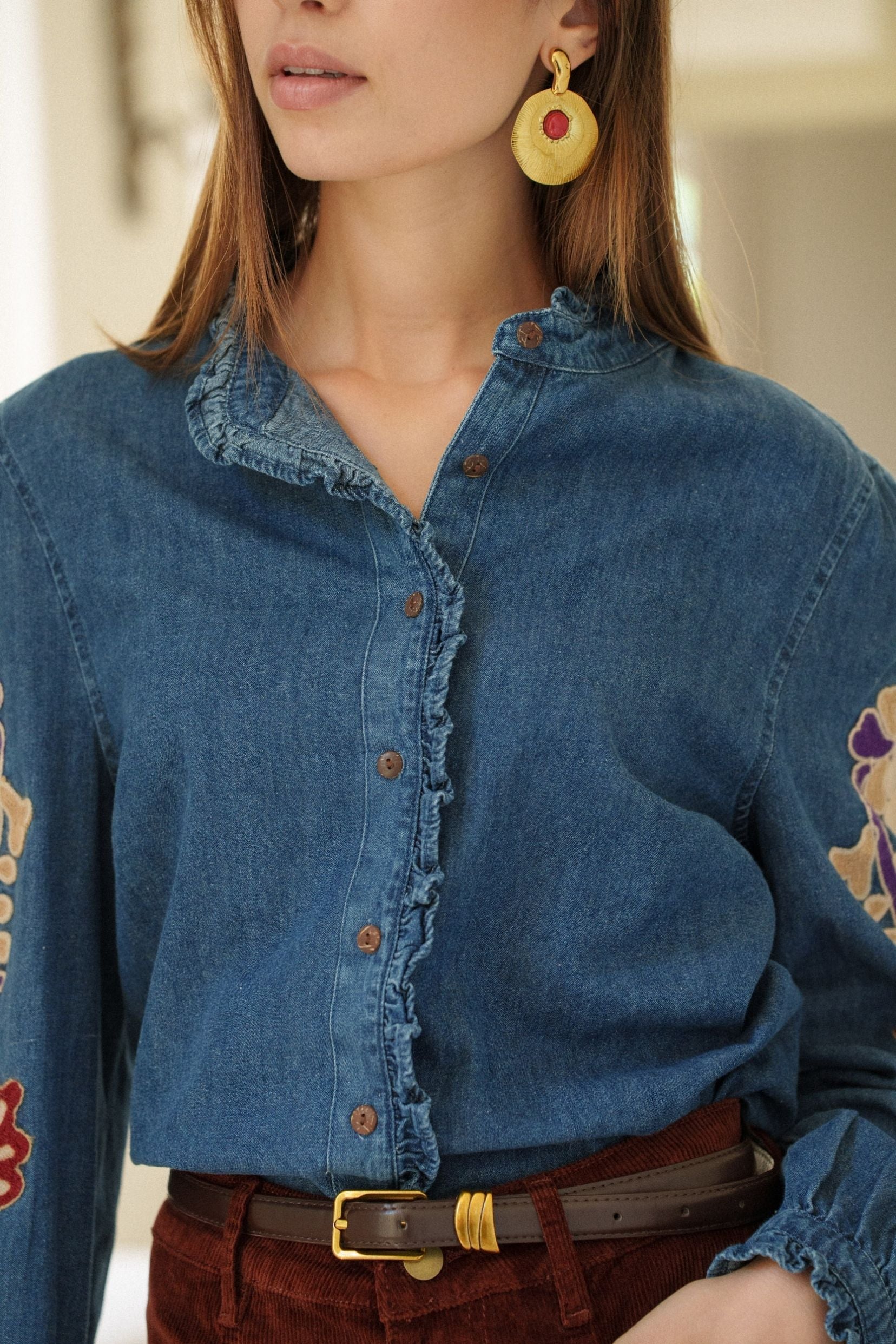 Maison Onado Léonie chemise denim broderie florale