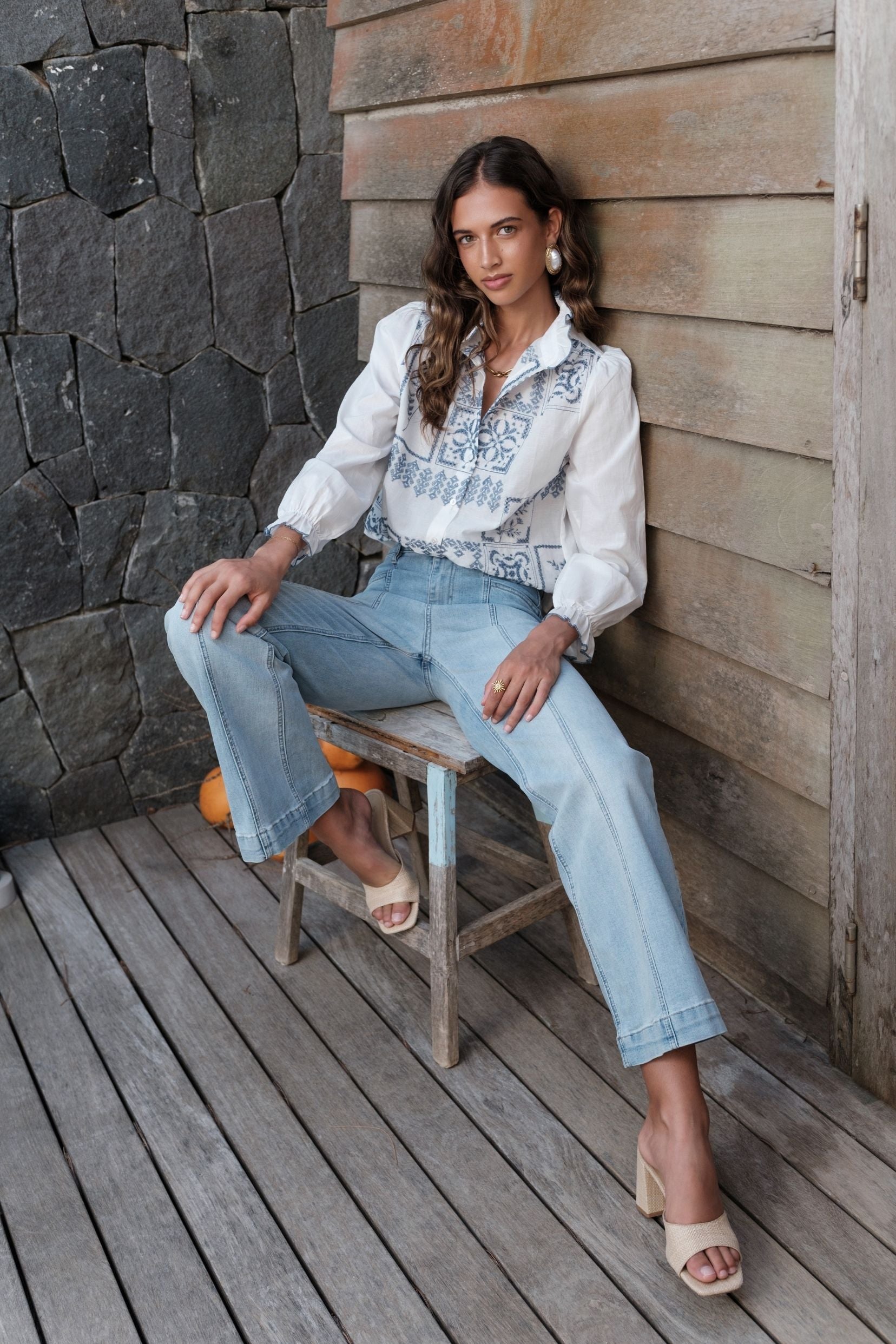 Maison Onado Lou-Anne jean wide bleu délavé taille haute