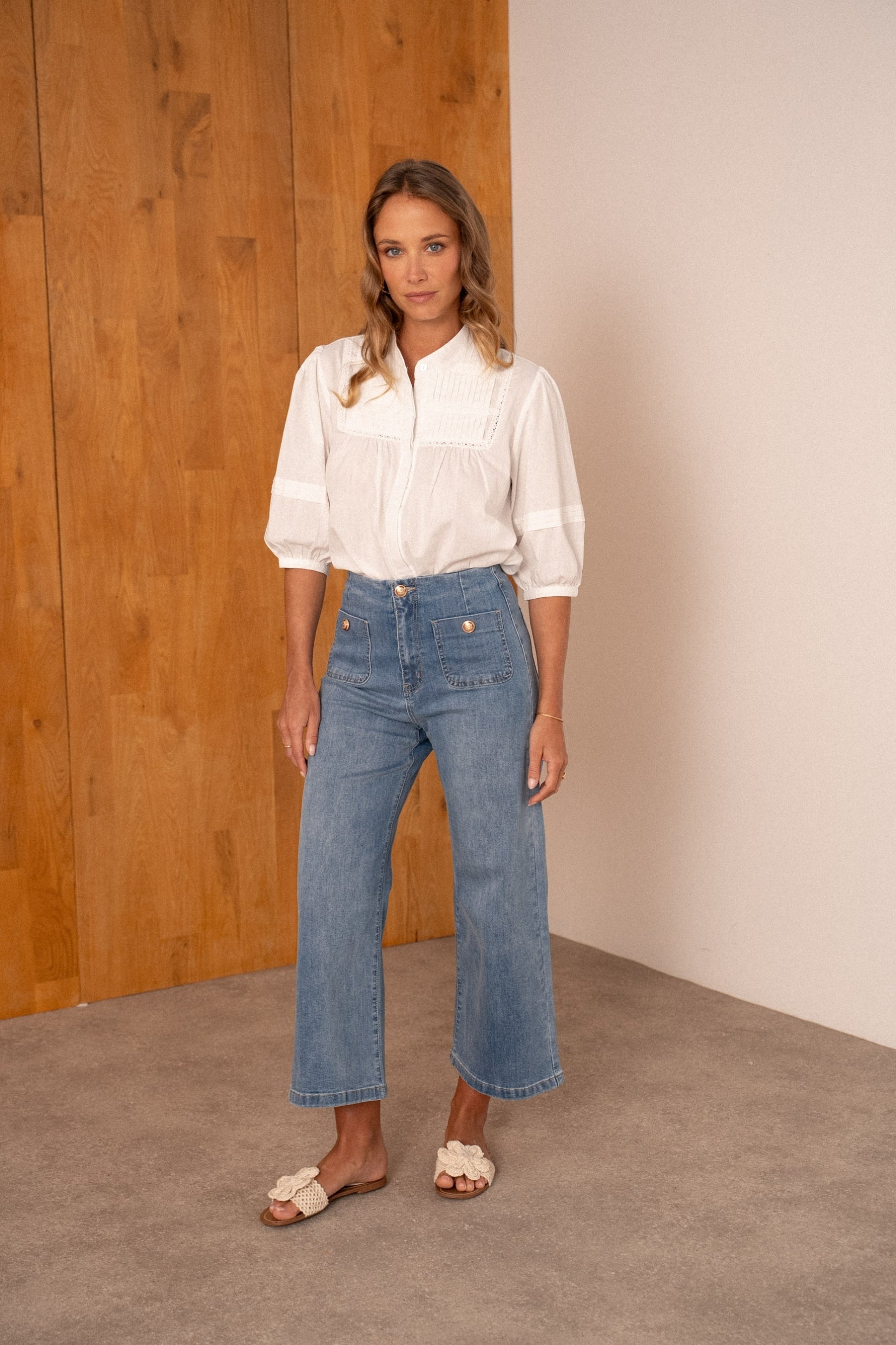 Maison Onado Solange jean wide cropped bleu moyen coton