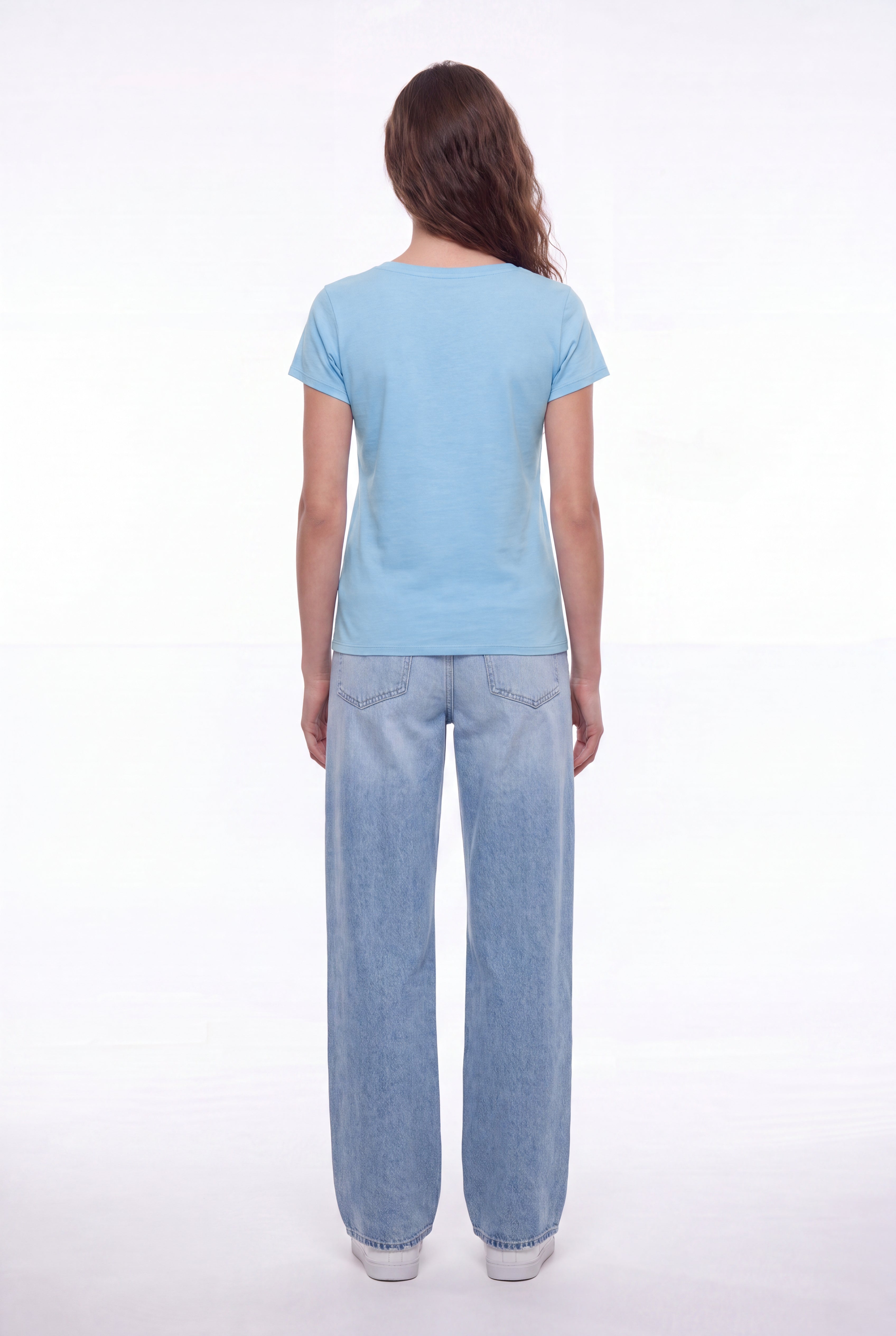 Teddy Smith T-Mia T-Shirt Bleu Ciel Col V Femme Fluide
