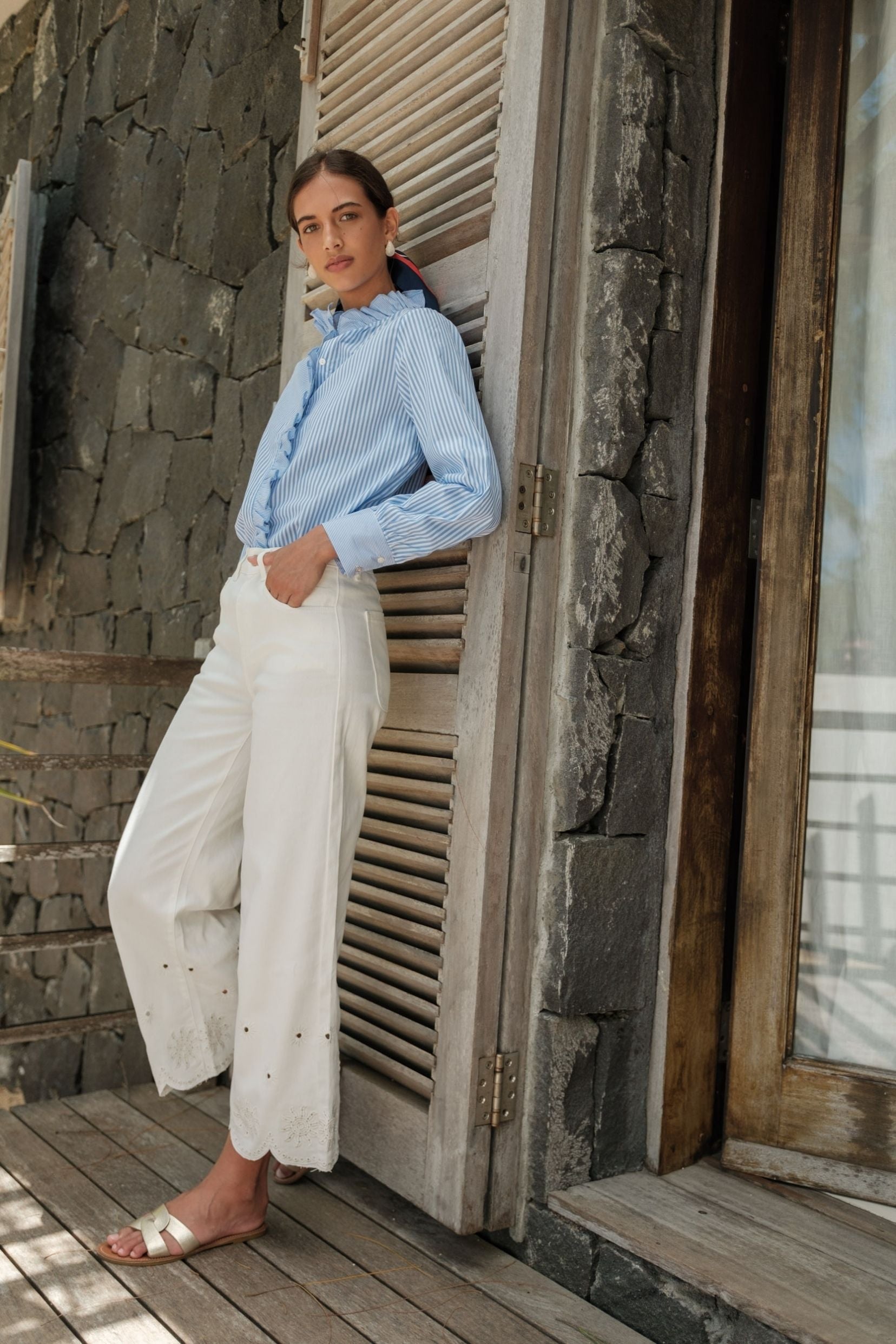 Maison Onado Aure jean wide écru broderie soleil coton