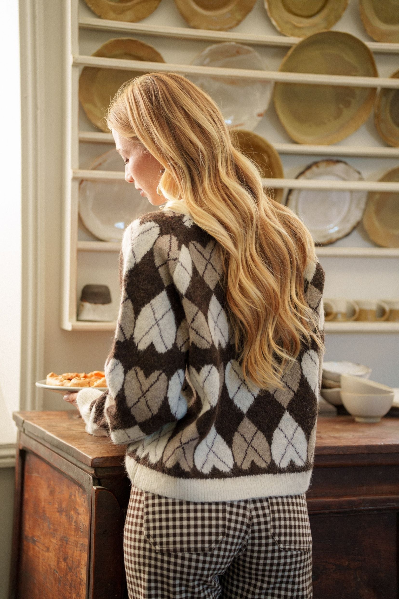 Maison Onado Colette pull chocolat motif losanges