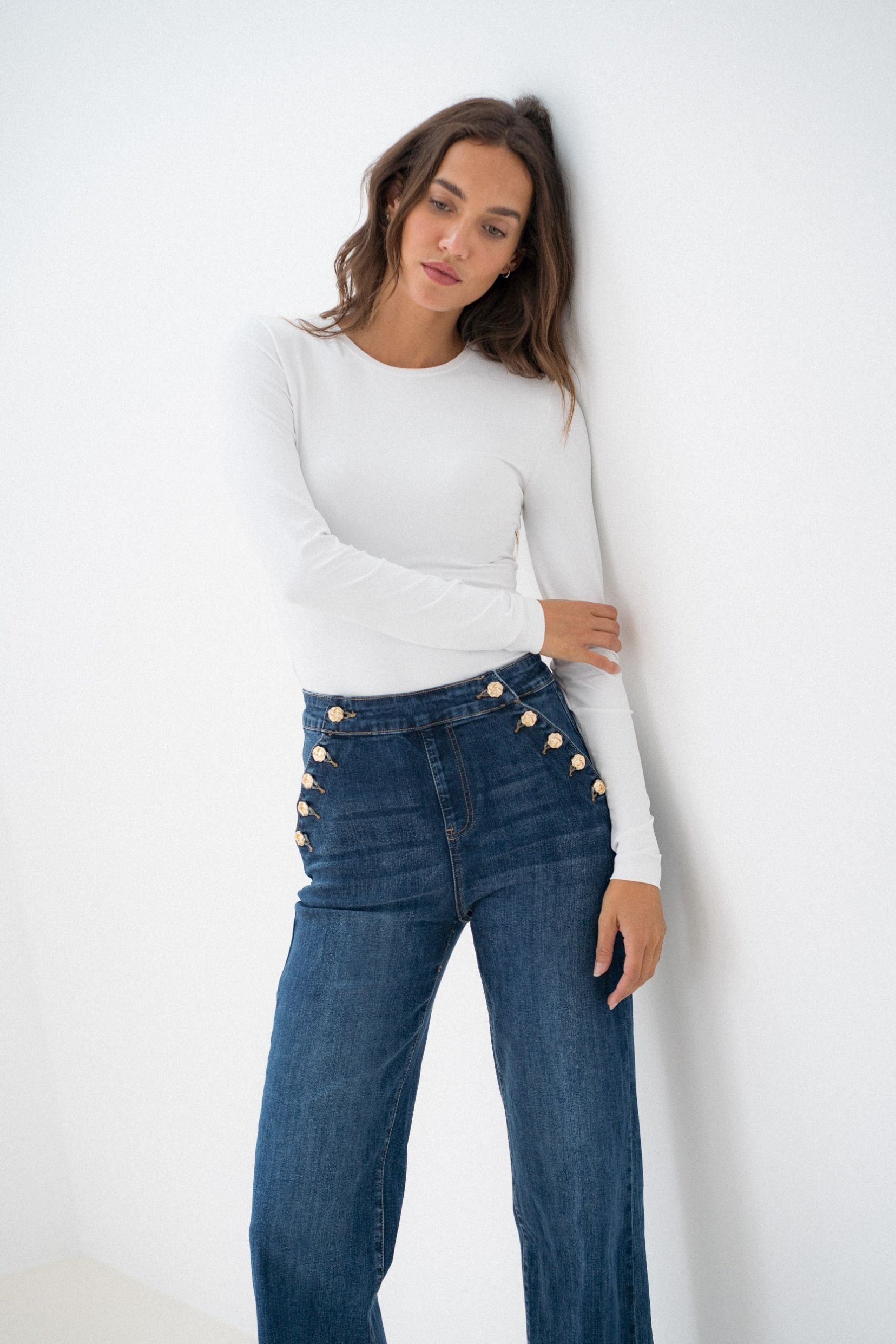 Maison Onado Amanda jean wide leg bleu boutons dorés