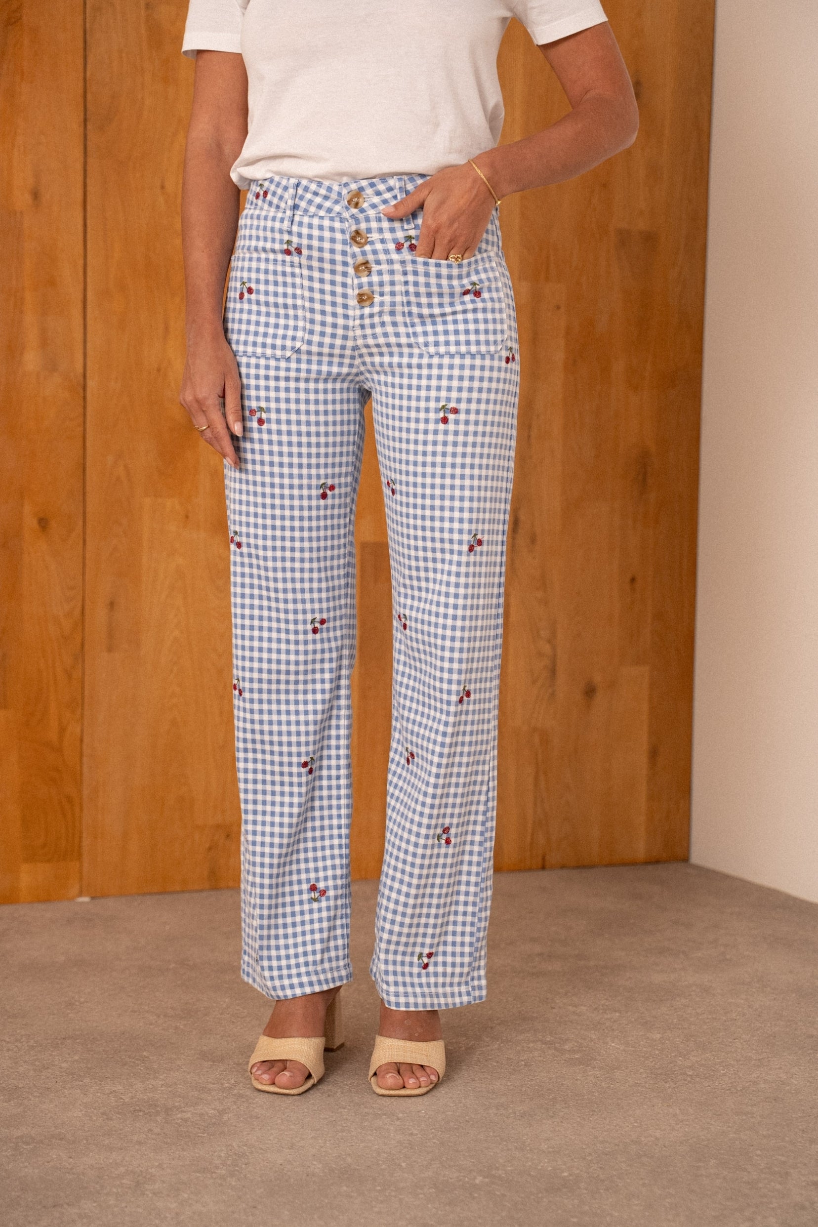 Maison Onado Gabie pantalon wide vichy bleu cerises