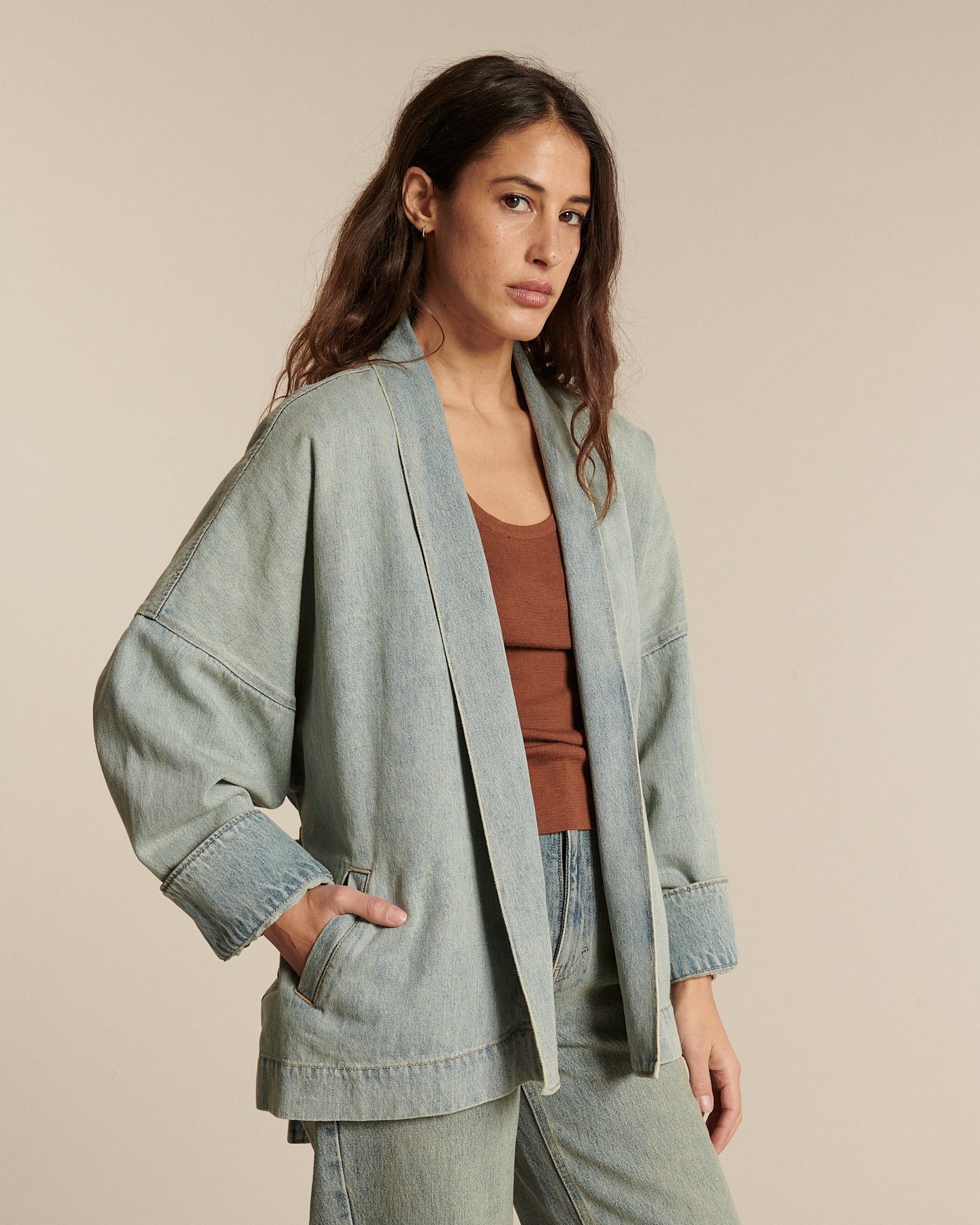 Labdip Bali Dirty Blue veste jean kimono mi-longue