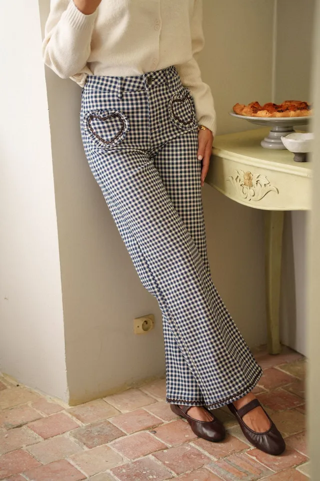 Maison Onado Andrea pantalon wide bleu marine vichy
