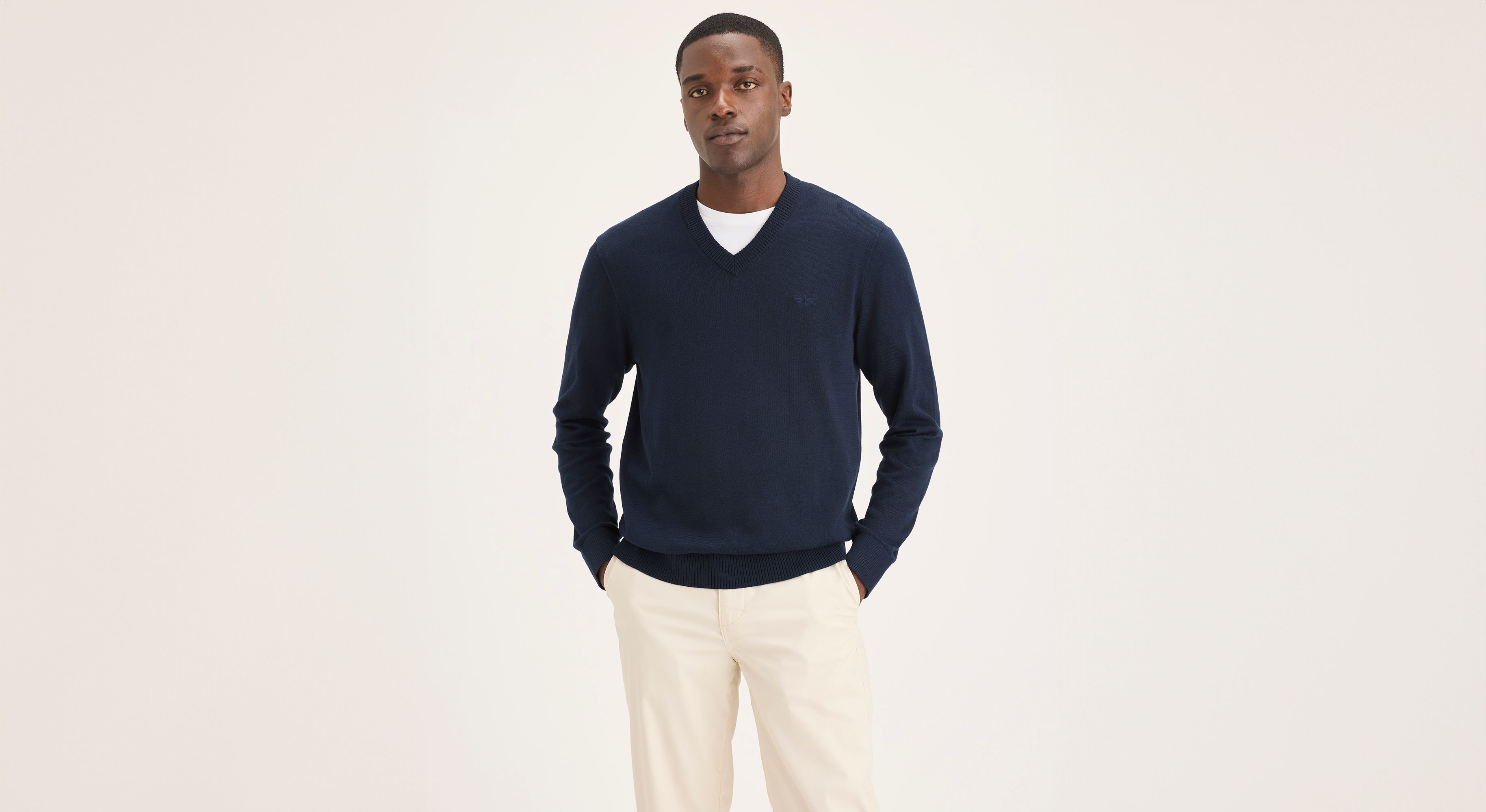 Dockers V Neck Sweater pull bleu coton col V