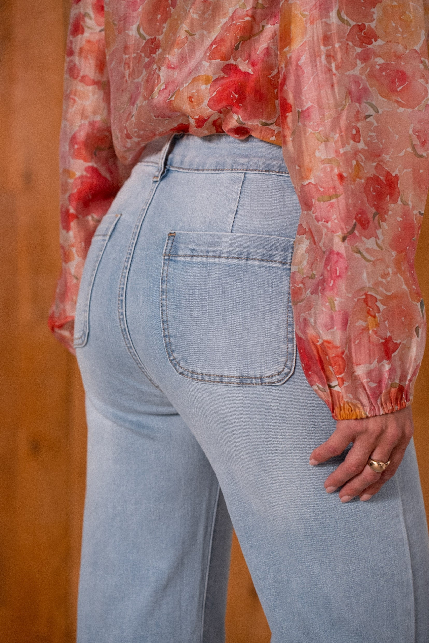 Maison Onado Emy jean wide leg denim clair broderie