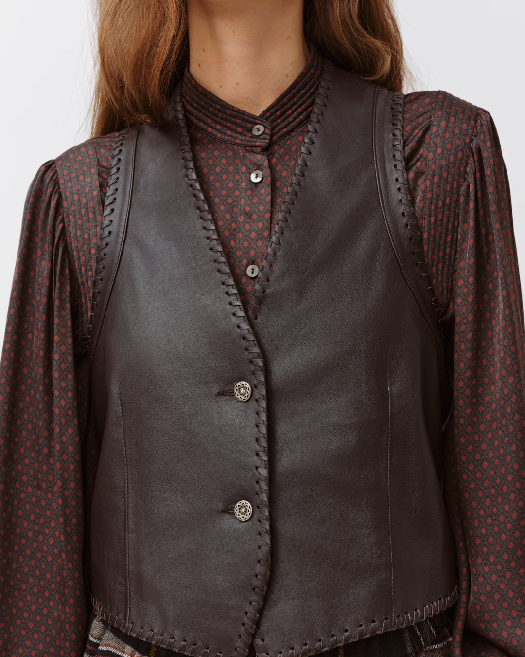 Diega Gamo gilet femme cuir vachette chocolat tressé