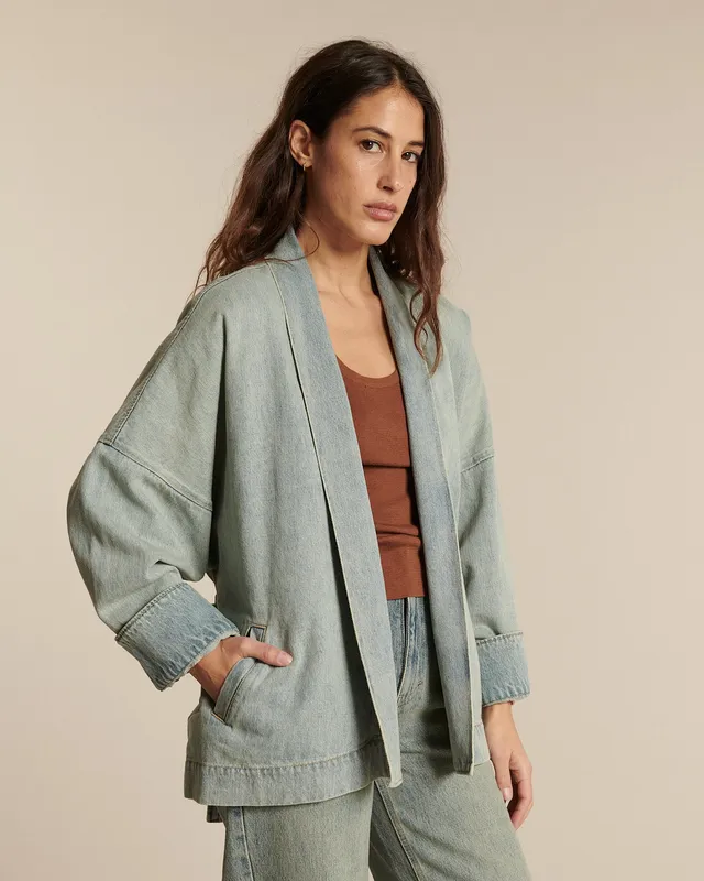 Labdip Bali Dirty Blue veste jean kimono mi-longue