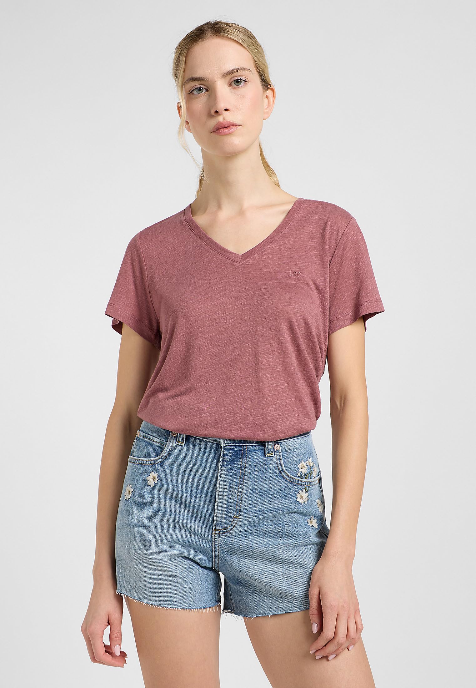 Lee V Neck Tee T-Shirt Femme Gris Béton Lin