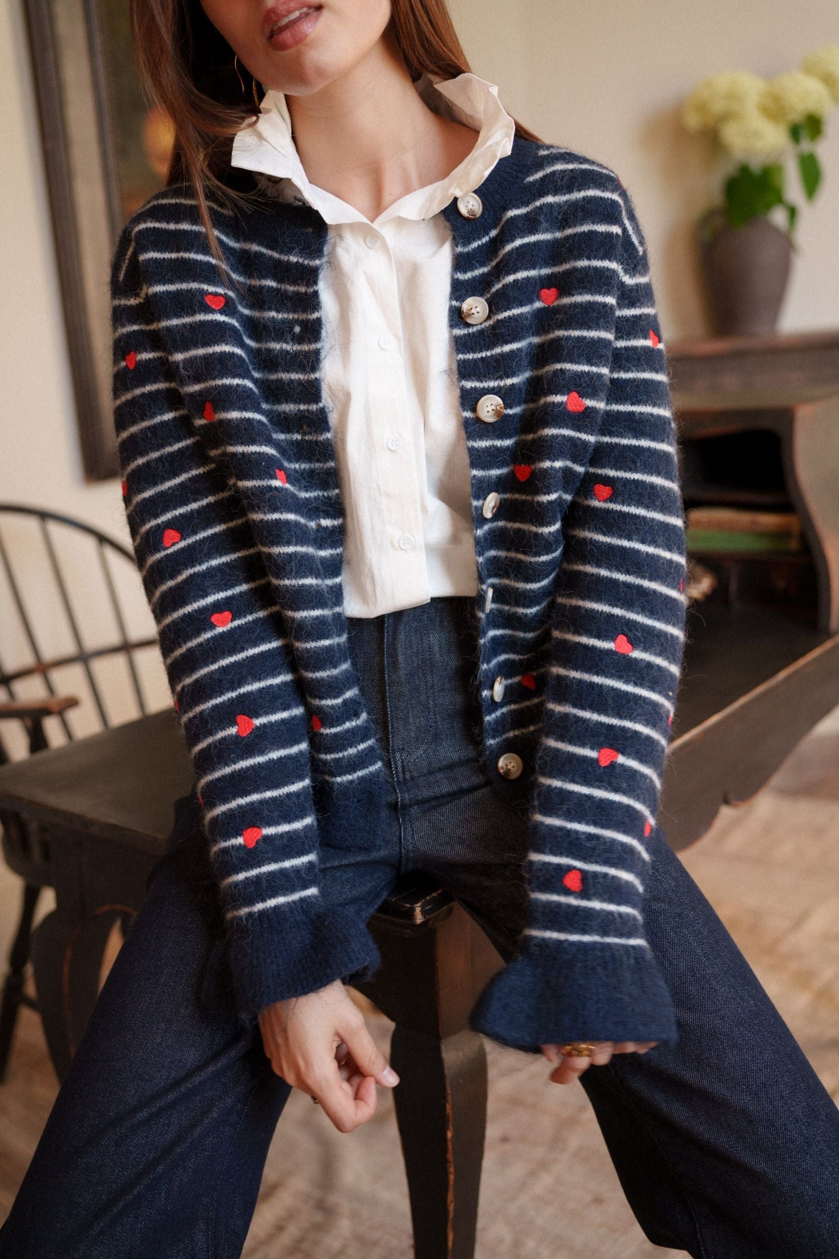 Maison Onado Lucia gilet rayé maille cœurs brodés TU