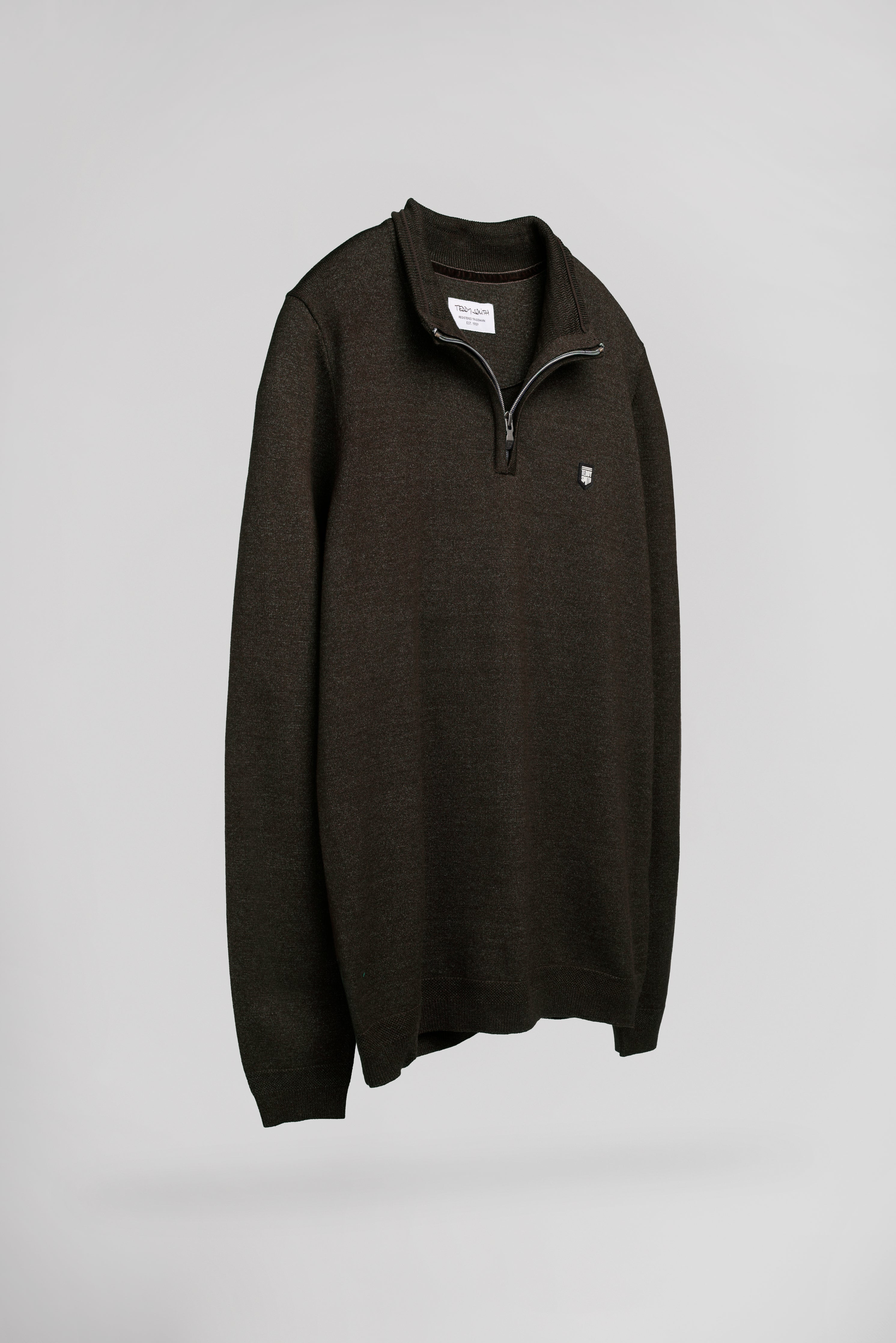 Teddy Smith P-Marty 2 pull col zippé marron foncé chiné homme