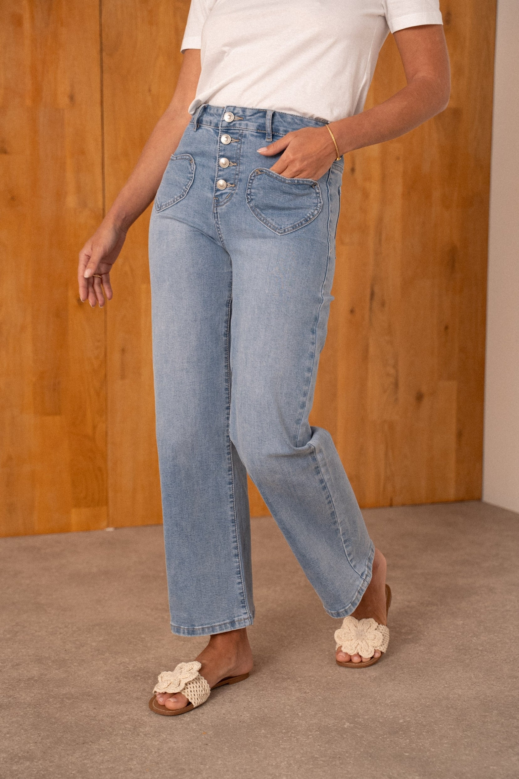 Maison Onado Amore jean wide leg bleu moyen poches cœur