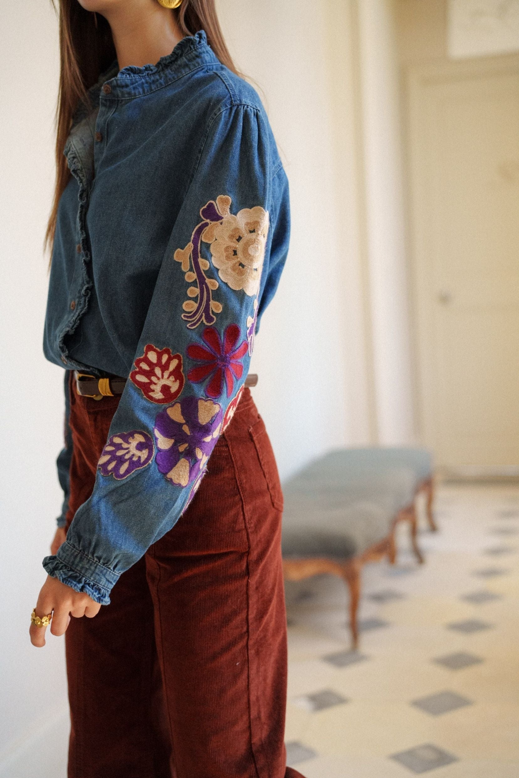 Maison Onado Léonie chemise denim broderie florale