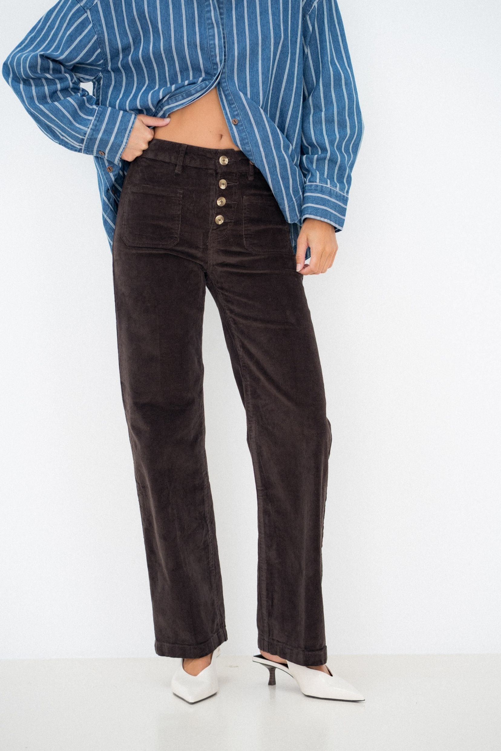 Maison Onado Anne pantalon velours chocolat poches plaquées