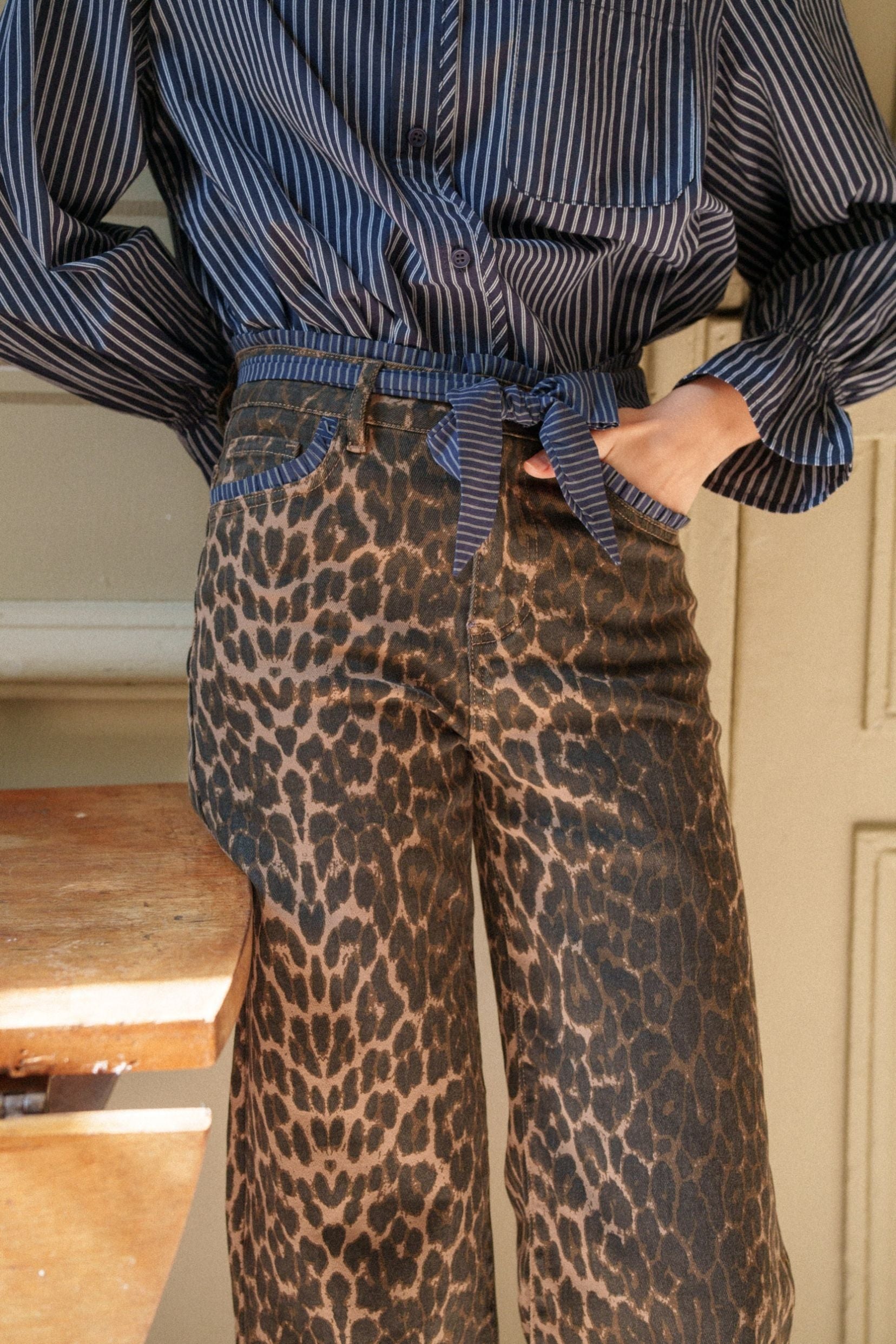 Maison Onado Mathie jean wide léopard ceinture à nouer